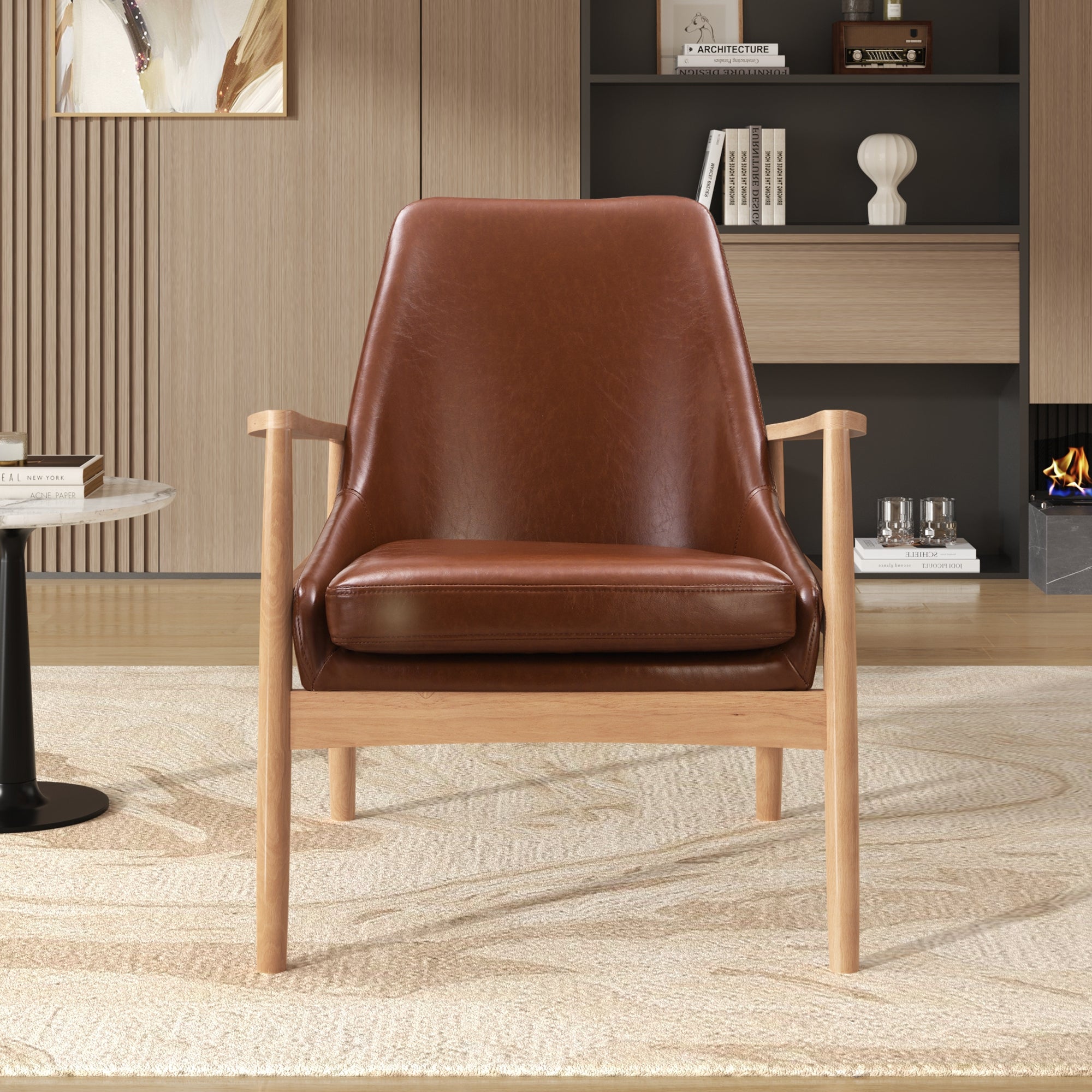 Faux Leather Mid-Century Modern Armchair with Solid Wood Frame