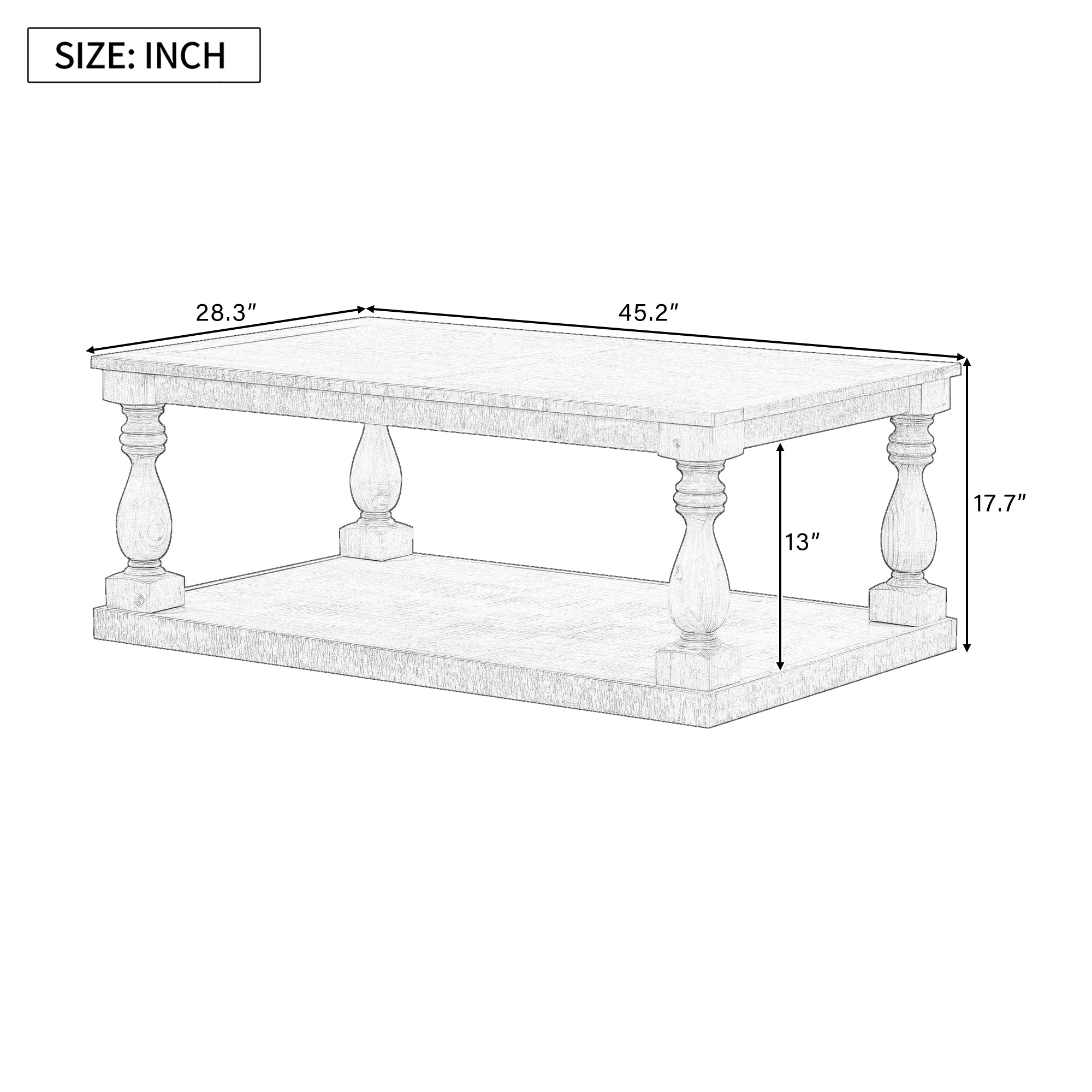 Farmhouse Turned-Leg Coffee Table with Bottom Shelf