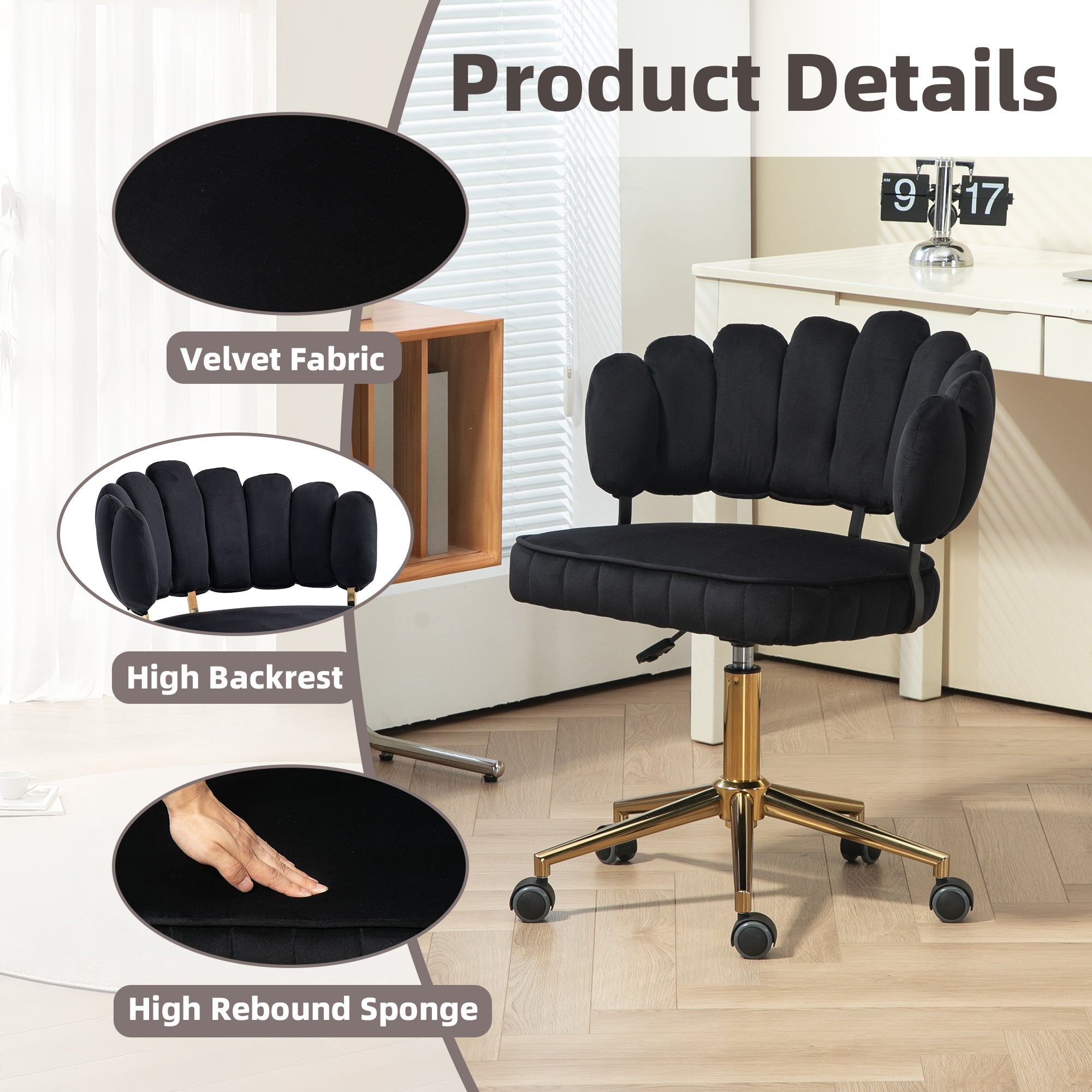 Modern Velvet Home Office Desk Chair with Adjustable Height and Swivel Wheels
