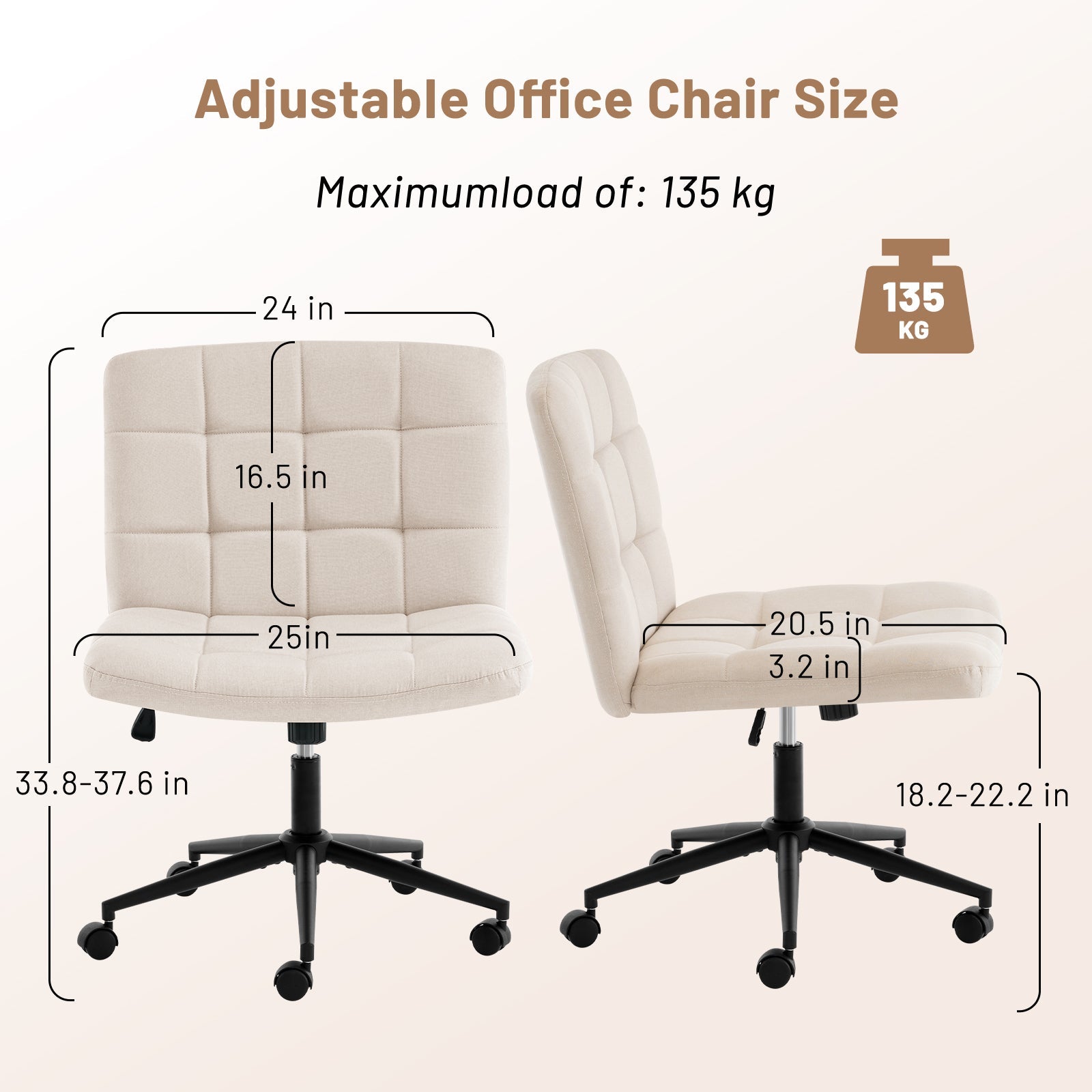 Desk Chair with Wheels, Armless Desk Chair, Adjustable Height 360° Rolling Swivel