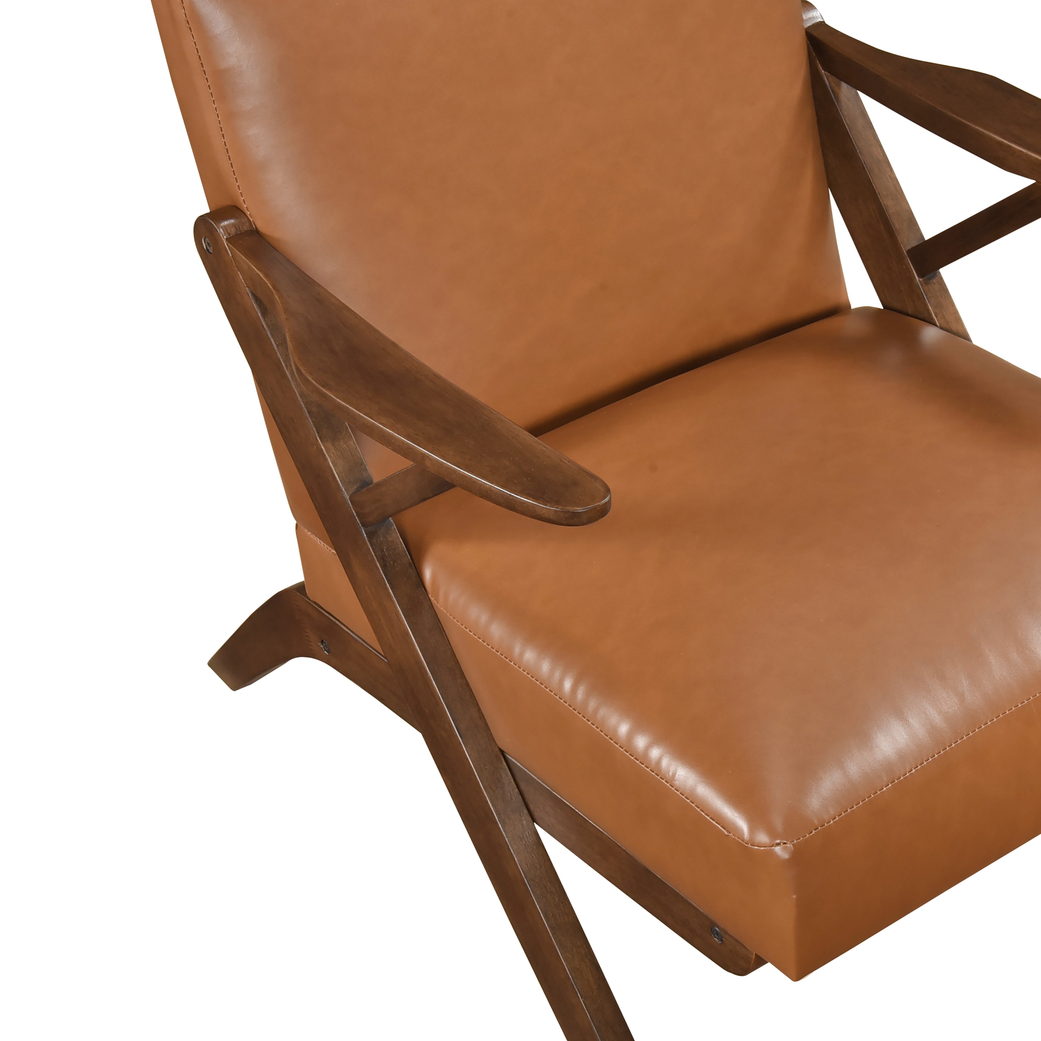 Solid Rubberwood Frame Accent Chair with Brown Faux Leather Upholstery