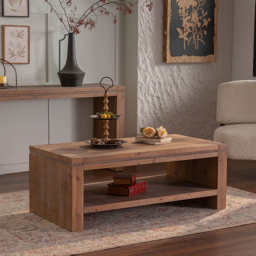 Large 2-Tier Rustic Coffee Table with Storage Shelf and Carved Detail