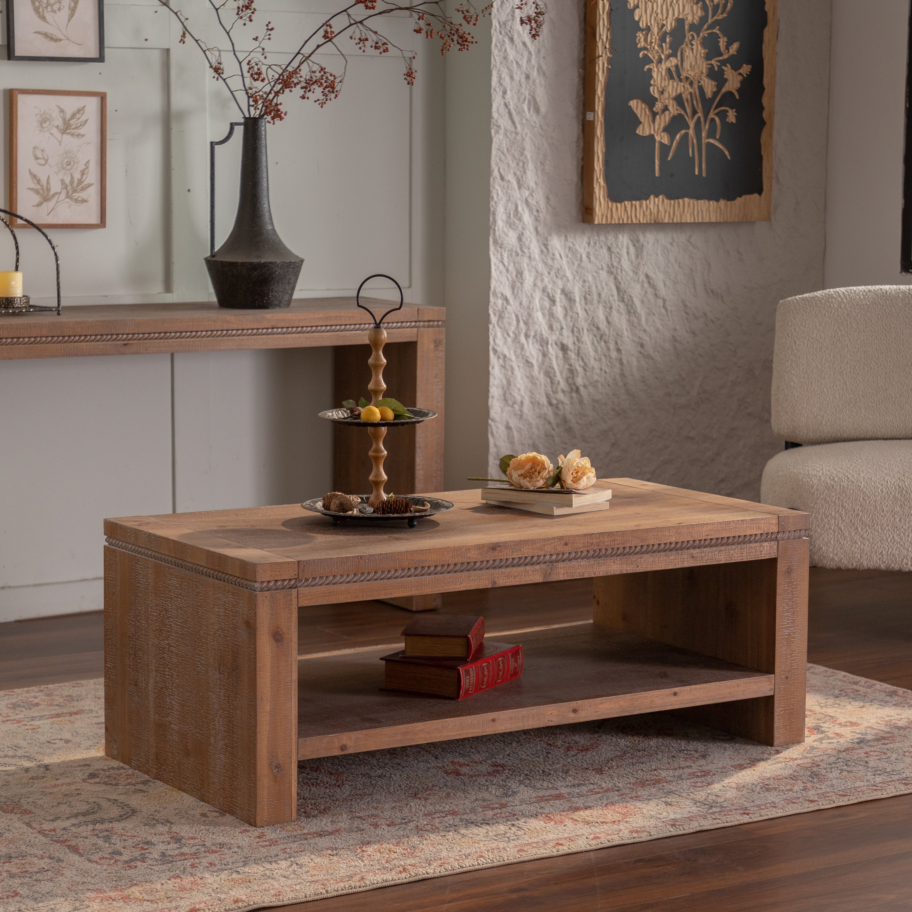 Large 2-Tier Rustic Coffee Table with Storage Shelf and Carved Detail