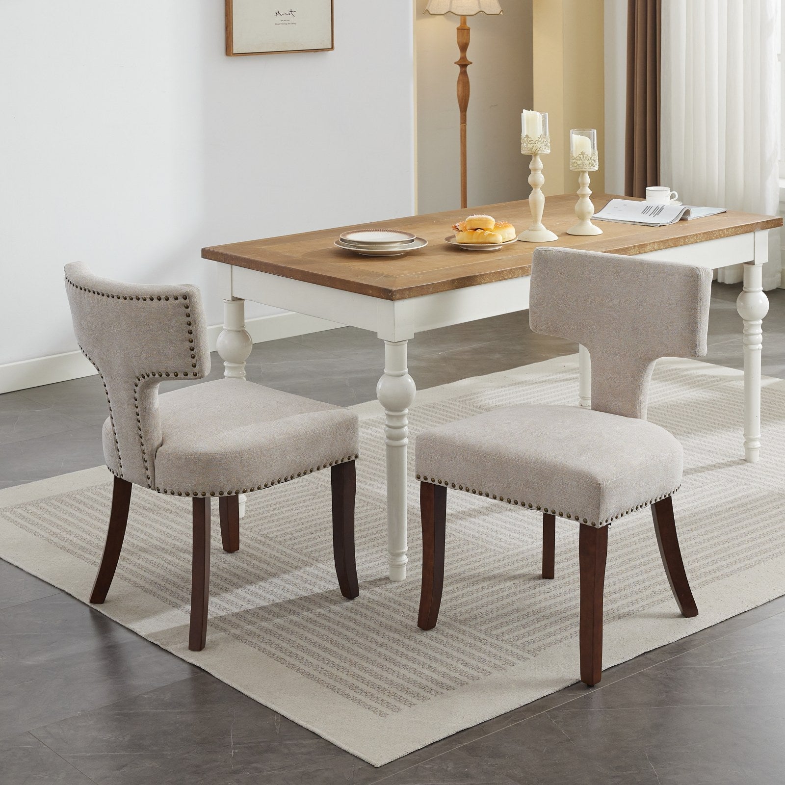 Mid Century Modern T-Back Dining Chairs with Nailhead Trim, Set of 2