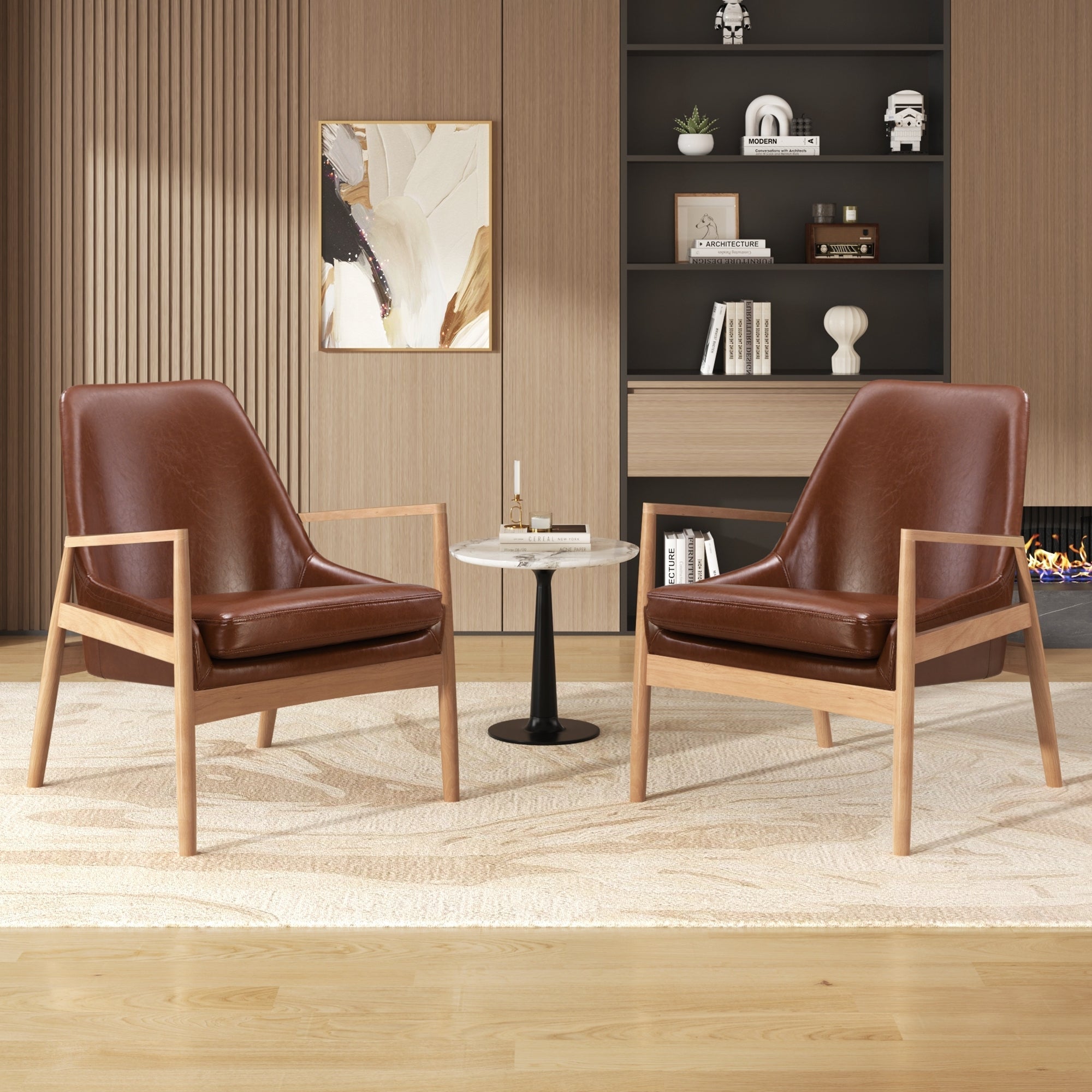 Brown Faux Leather Mid-Century Modern Armchair with Solid Wood Frame, Set of 2