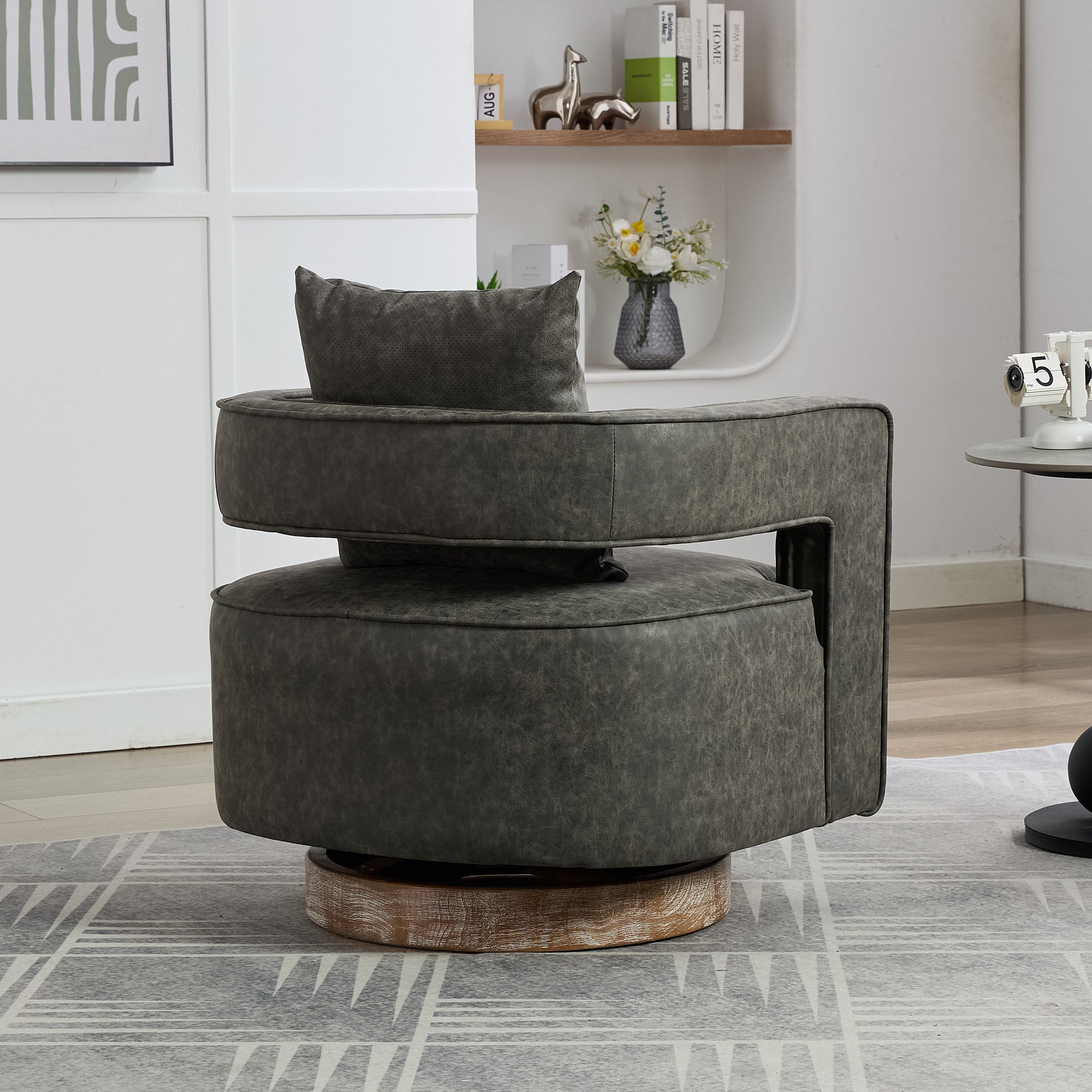 Fernleigh Swivel Accent Open Back Barrel Chair With Weathered Base