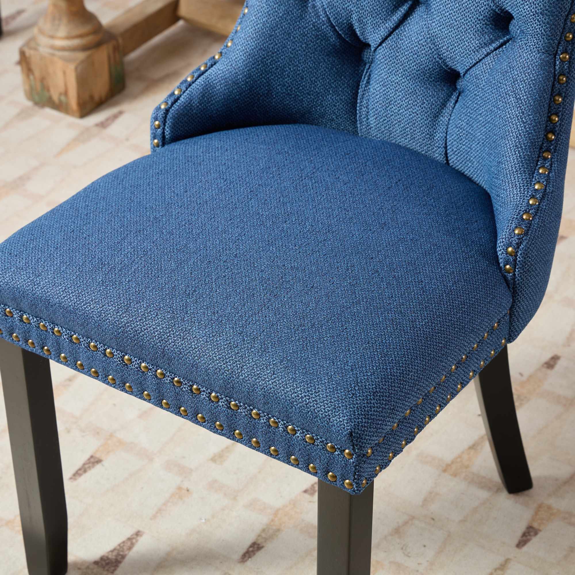 Rosewick Modern Tufted Linen Nailhead Trim Solid Wood Upholstered Dining Chair with Black Legs, Set of 2