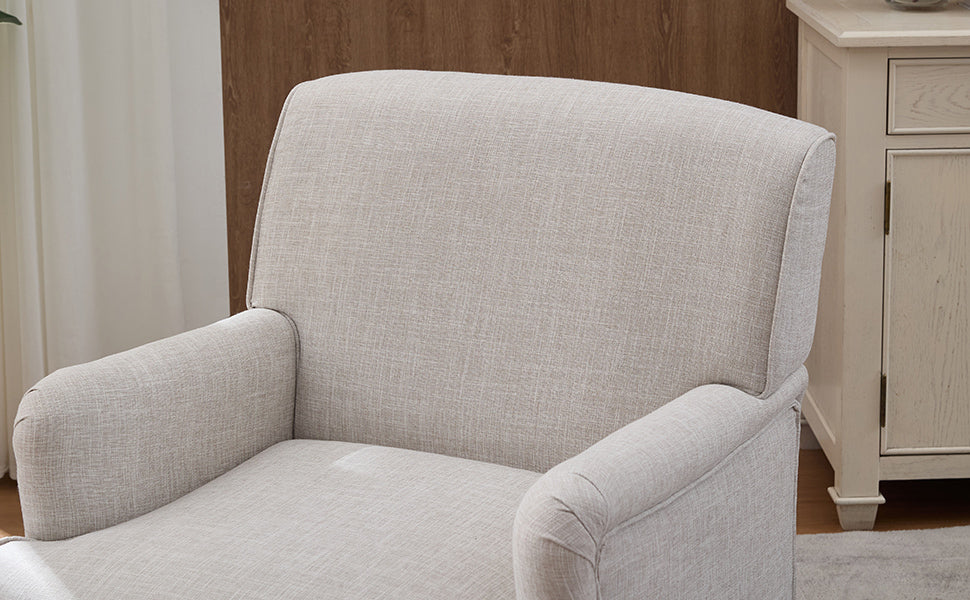 Benton Upholstered Linen Fabric Armchair with Antique Solid Wood Legs