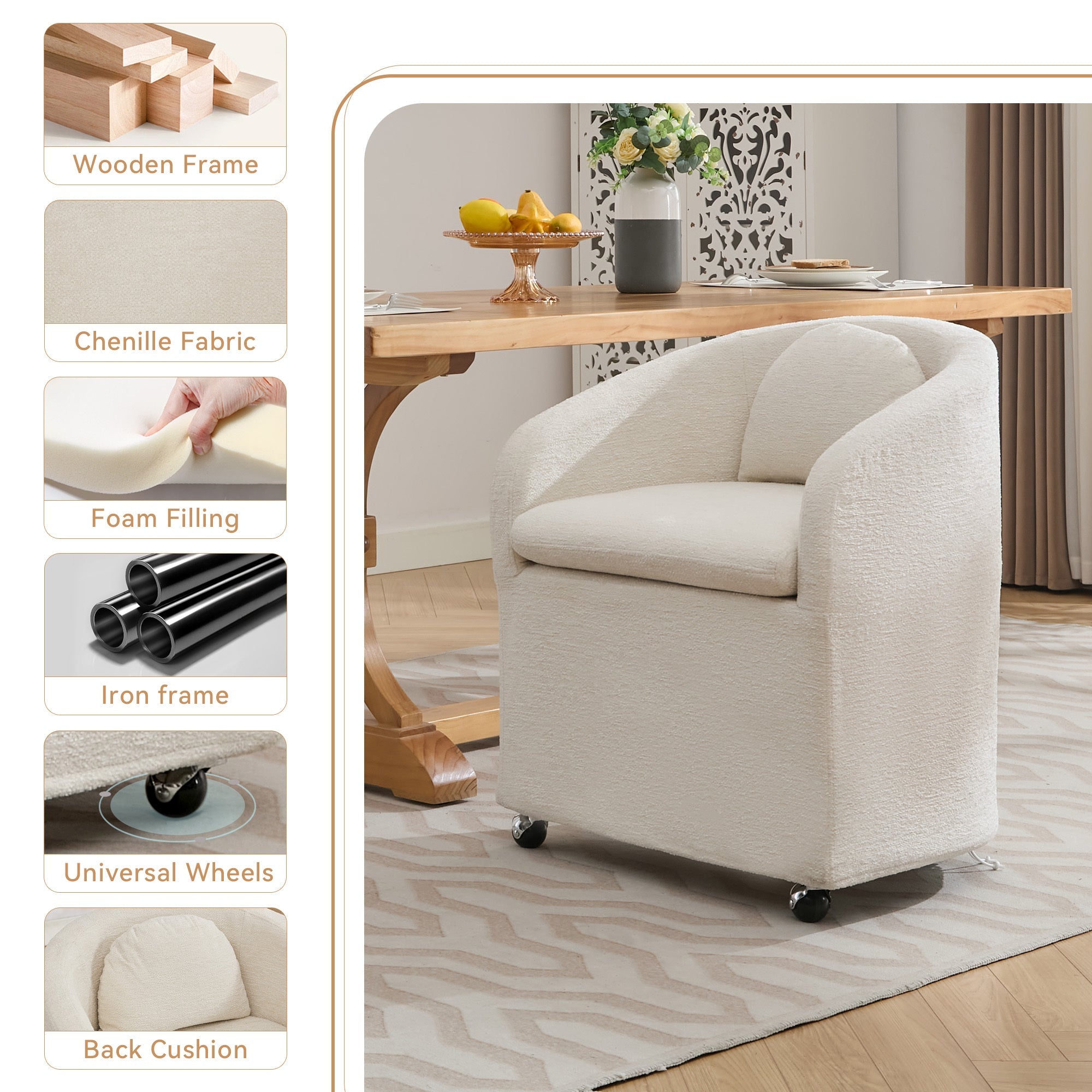 Cheswick Chenille Upholstered Dining Arm Chair With Back Cushion and Wheels