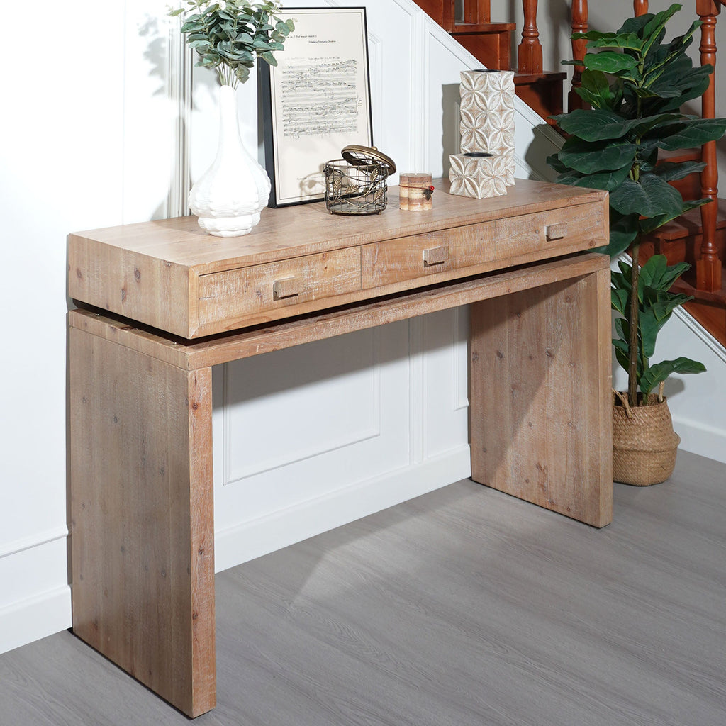 Rustic Natural & Light Brown Finish Wood Console Table with 3 Drawers