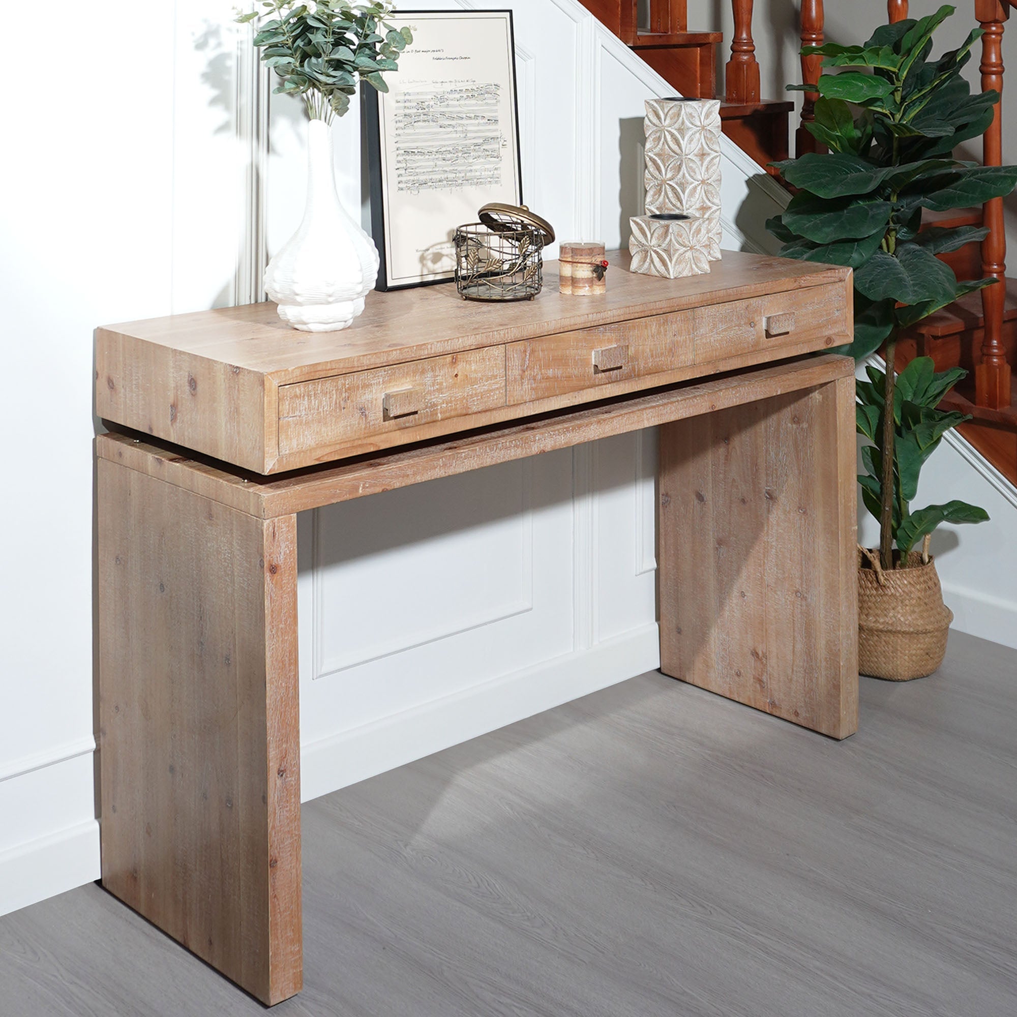 Rustic Natural & Light Brown Finish Wood Console Table with 3 Drawers