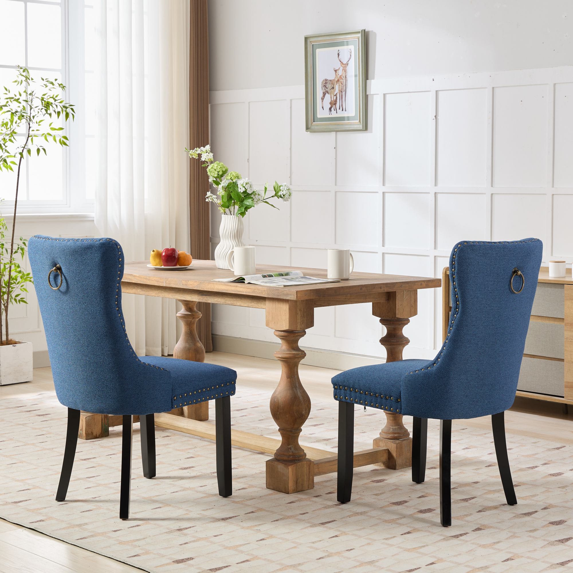Rosewick Modern Tufted Linen Nailhead Trim Solid Wood Upholstered Dining Chair with Black Legs, Set of 2