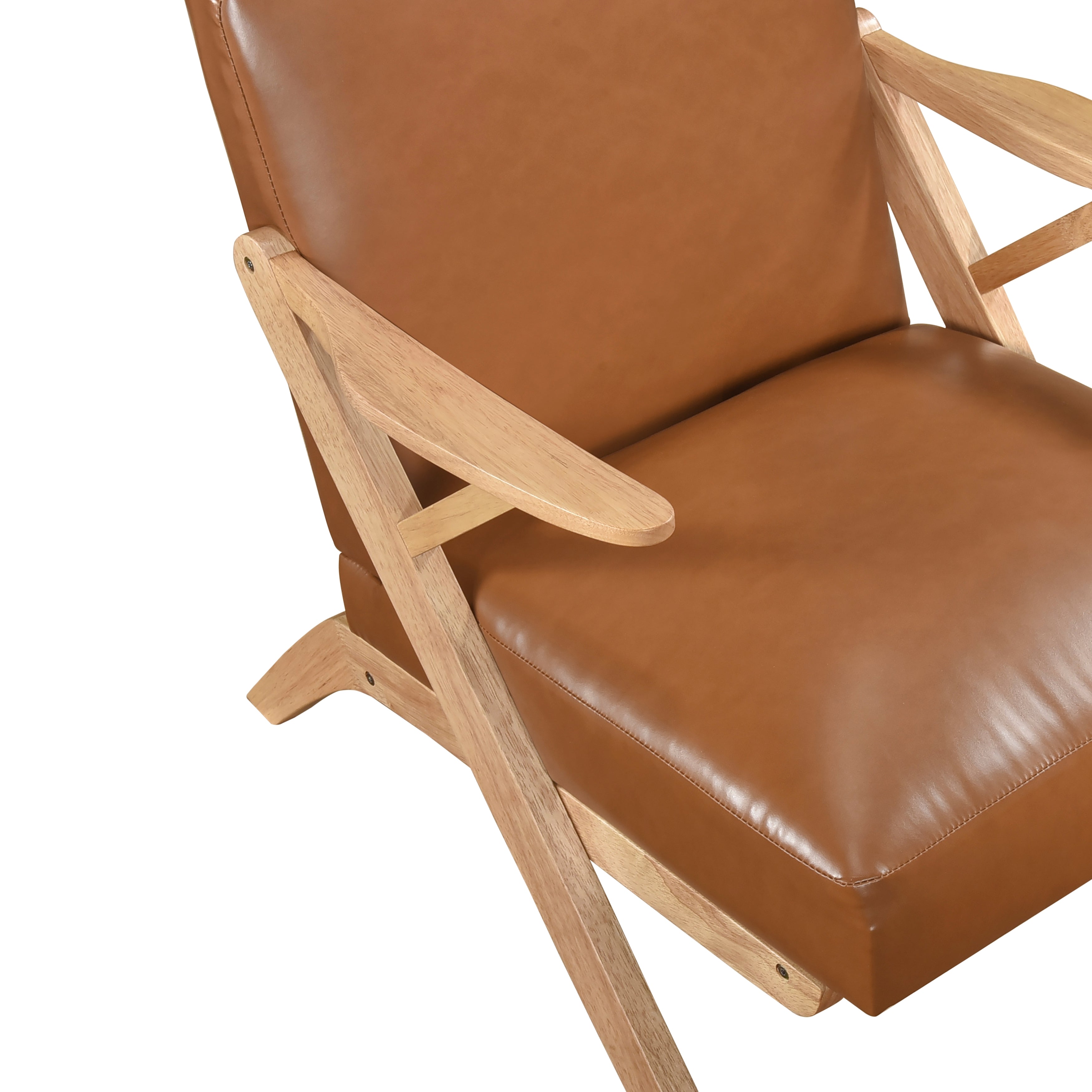 Solid Rubberwood Frame Accent Chair with Brown Faux Leather Upholstery