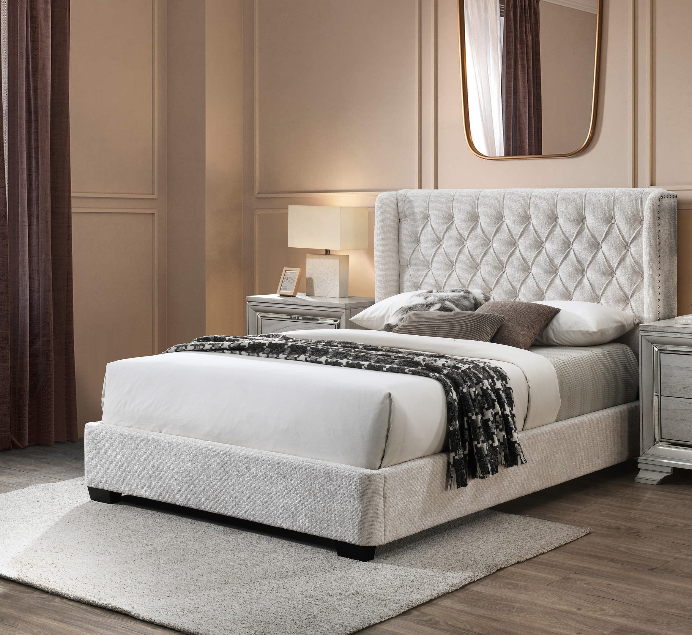 Soft Tweed Fabric Winged Headboard Bed