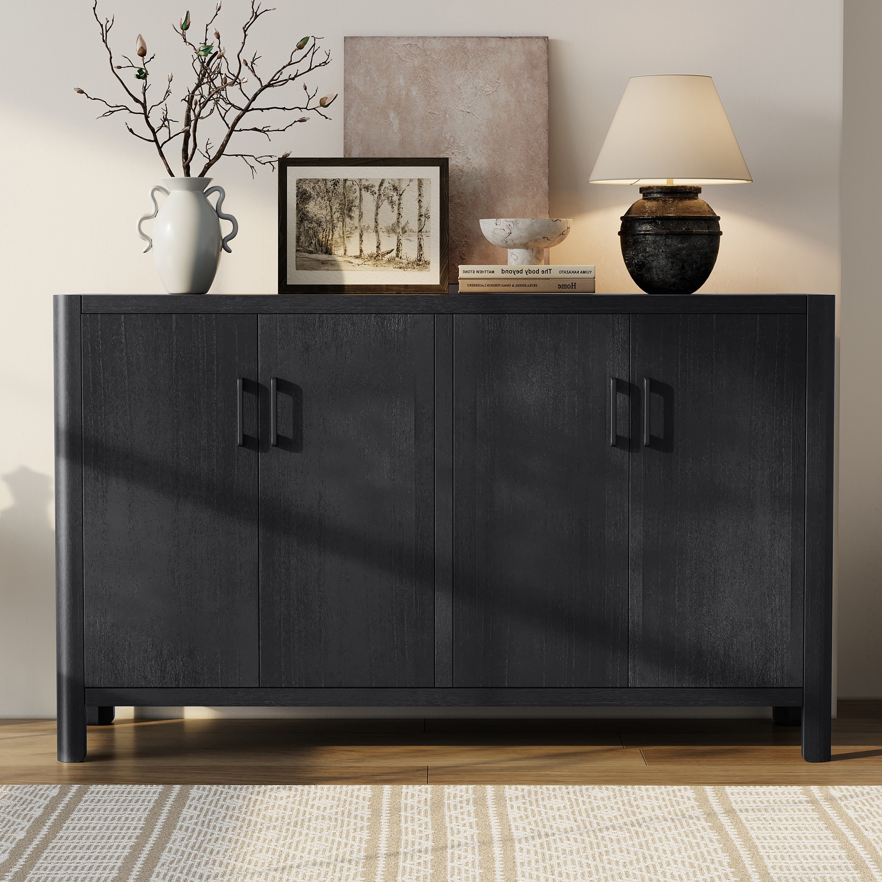 Farmhouse Style 4-Door Cabinet with Natural Distressed Finish