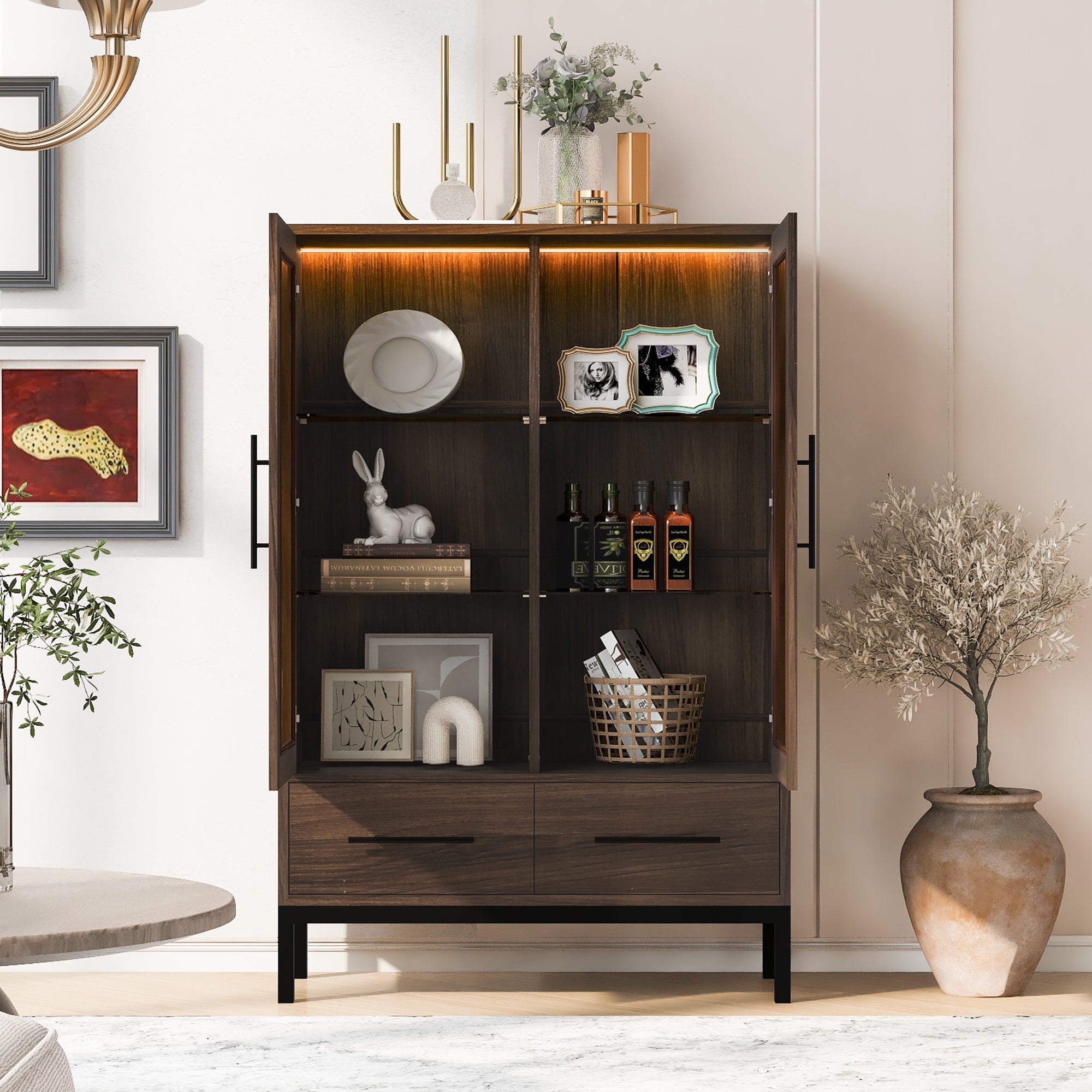 Wide Farmhouse Storage Cabinet with 4-Tier Adjustable Glass Shelves