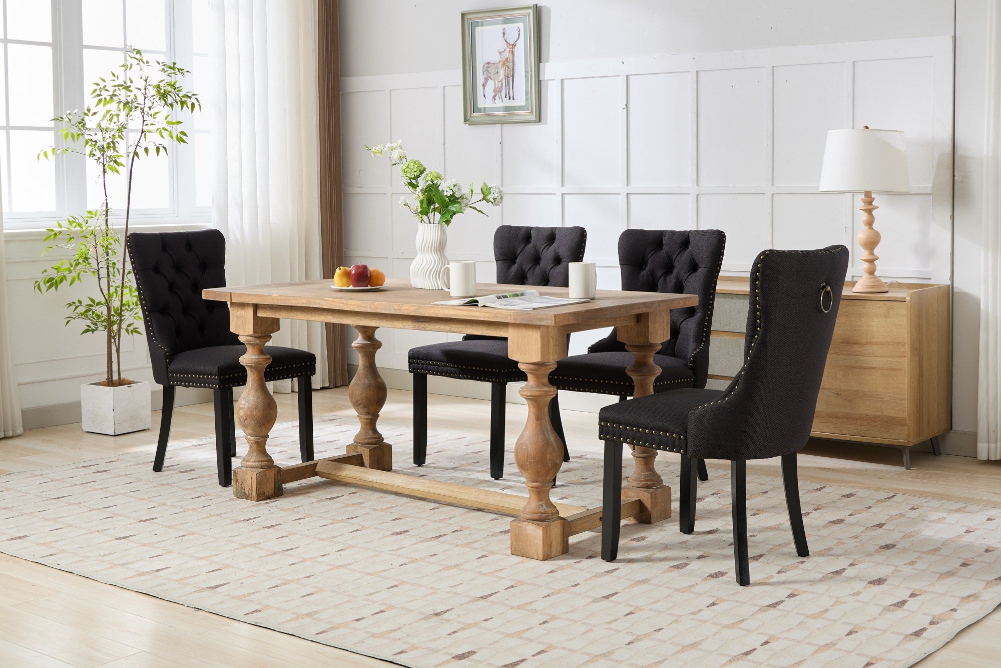 Rosewick Modern Tufted Linen Nailhead Trim Solid Wood Upholstered Dining Chair with Black Legs, Set of 2