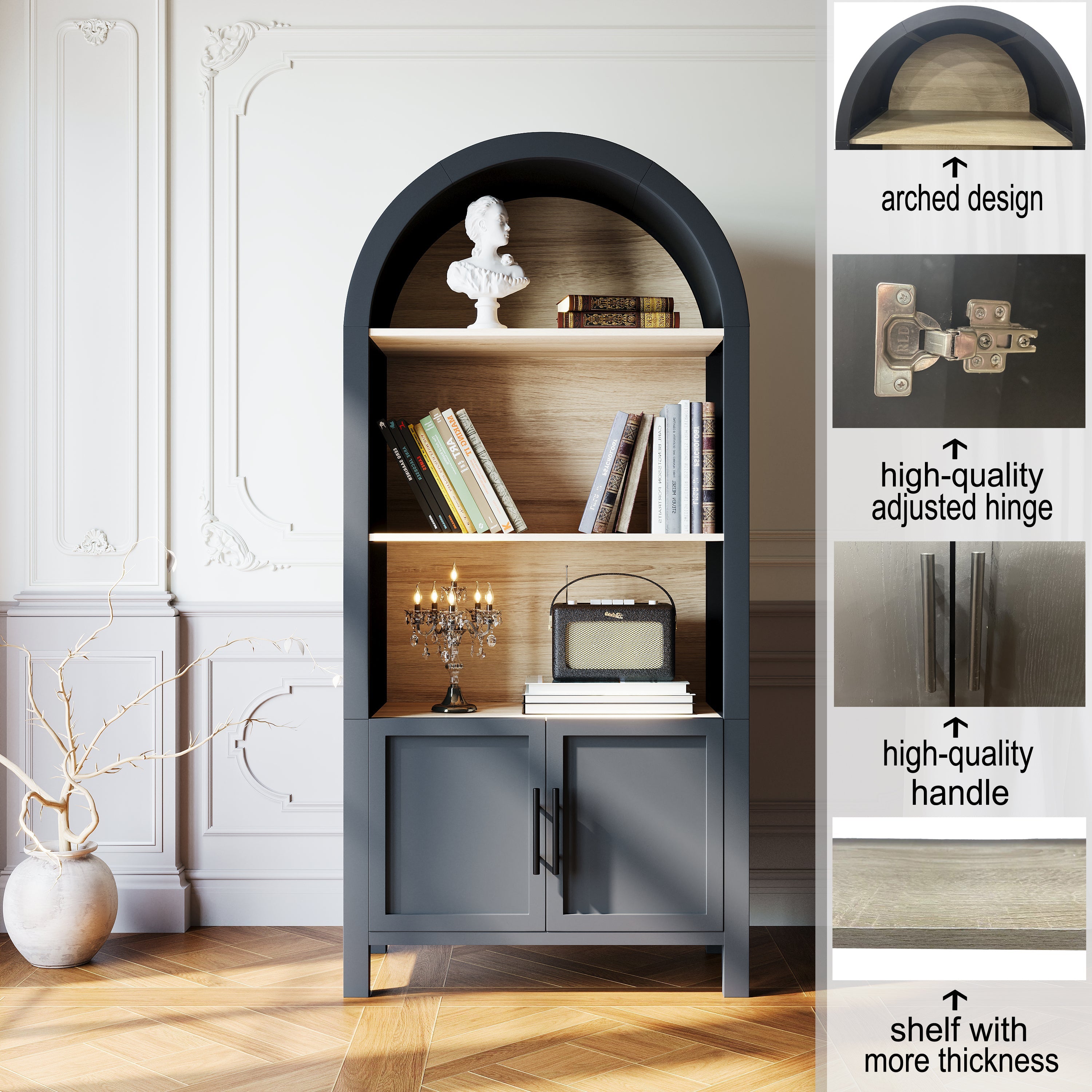 Grantham Arched 3-Tier Bookcase Cabinet with Door