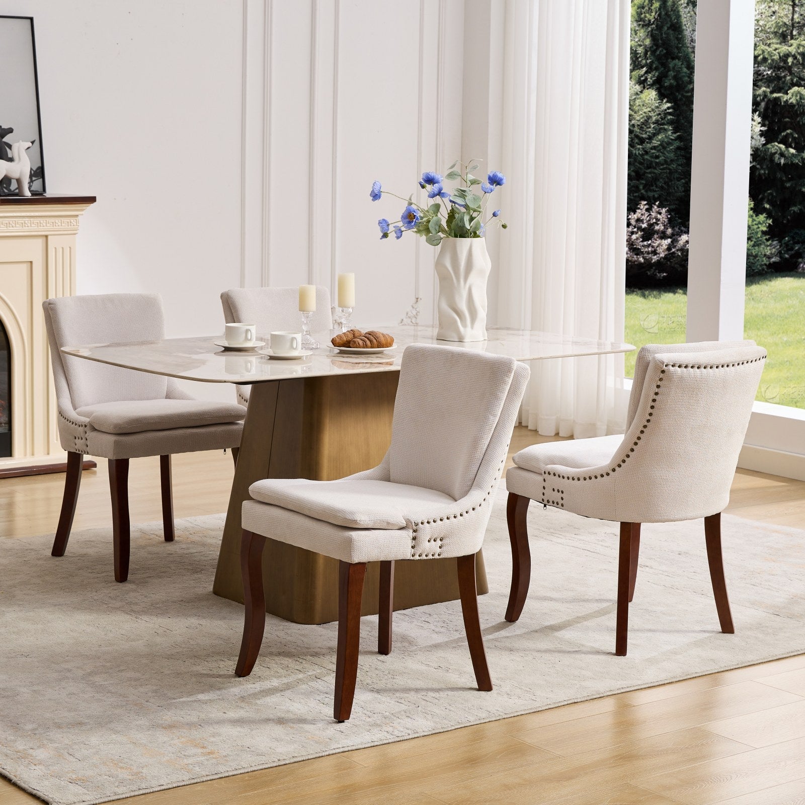 ChenilleUpholstered Dining Chairs with Curved Solid Wood Legs, Set of 2