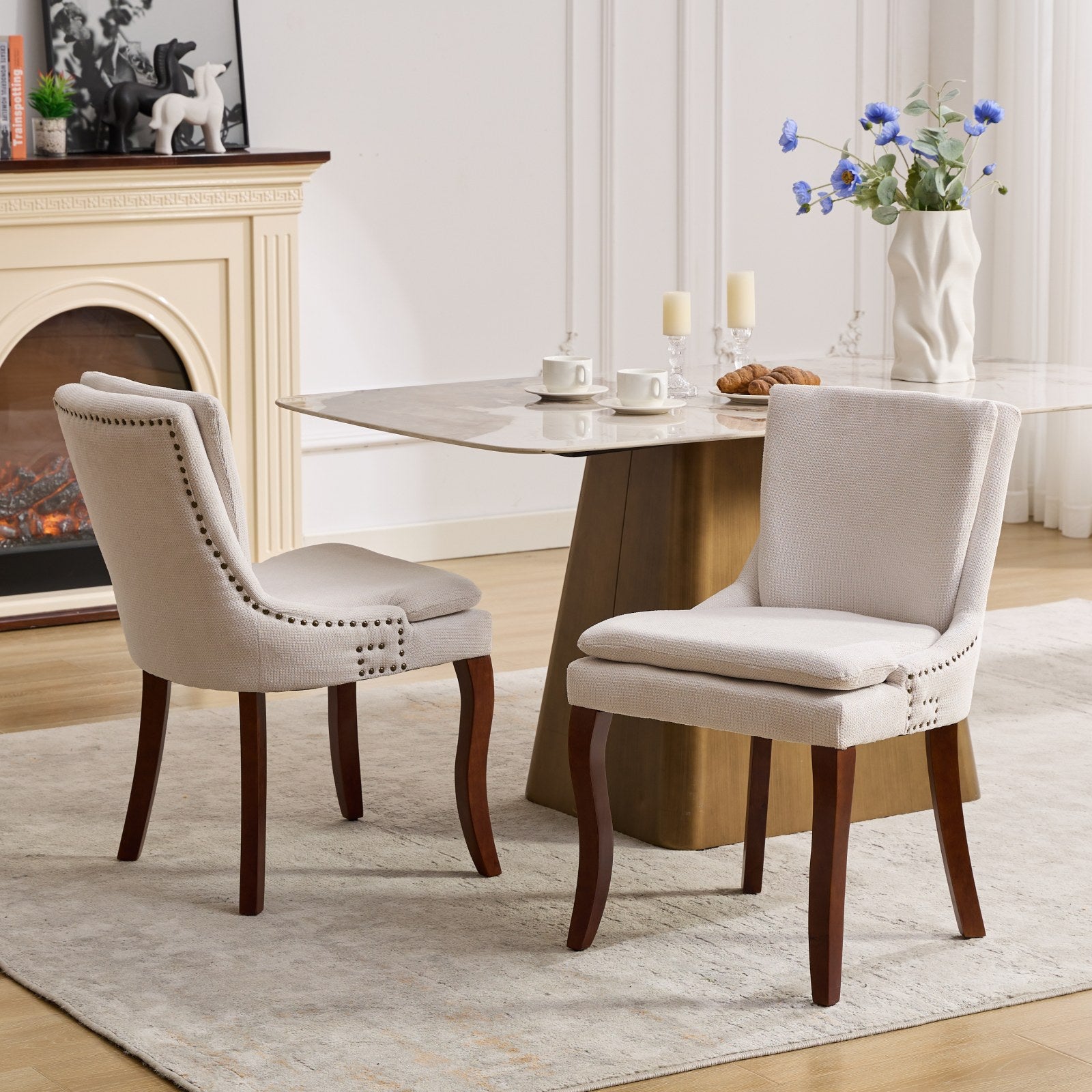 ChenilleUpholstered Dining Chairs with Curved Solid Wood Legs, Set of 2