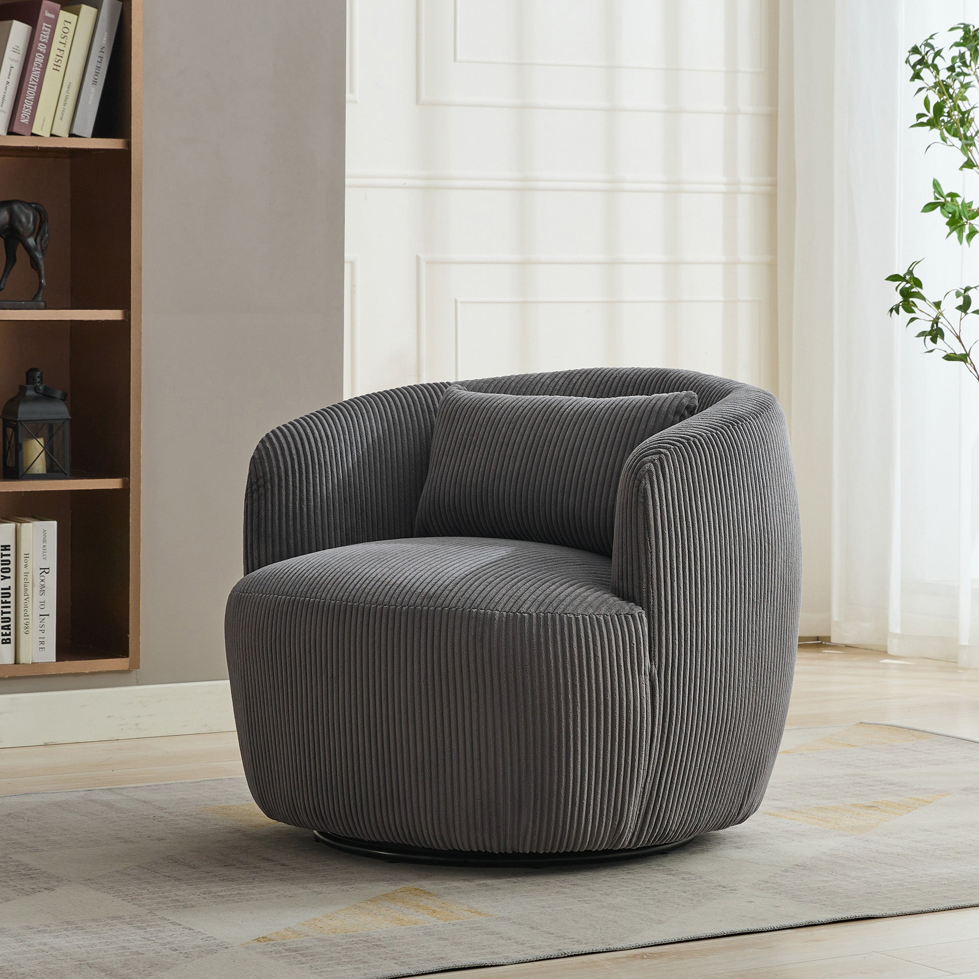 Wide Upholstered Corduroy 360° Swivel Barrel Soft Accent Chair with Pillow
