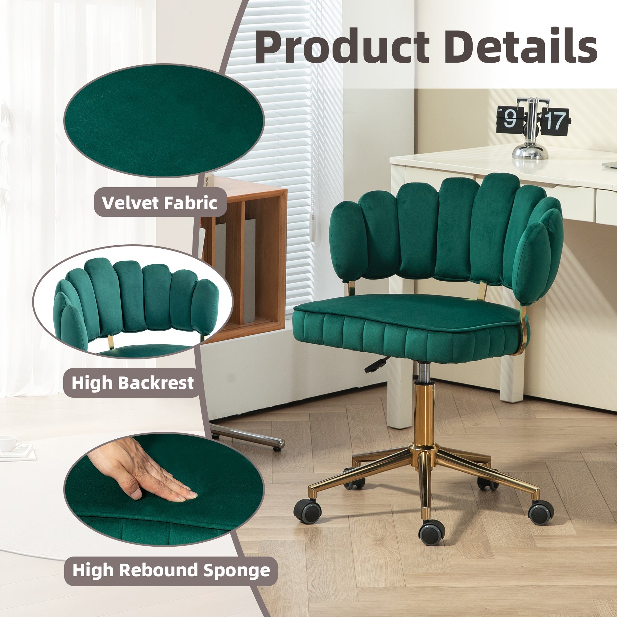 Modern Velvet Home Office Desk Chair with Adjustable Height and Swivel Wheels