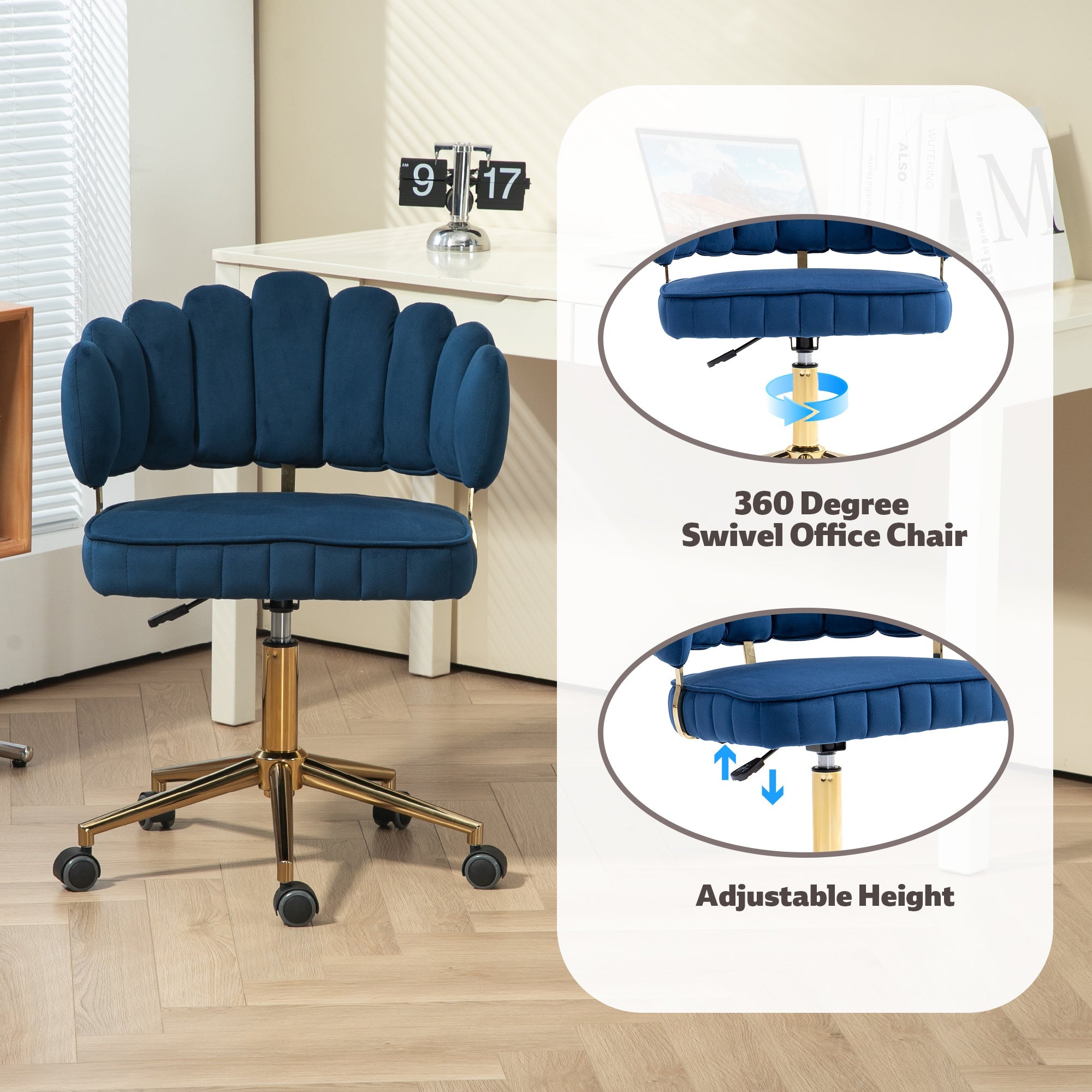 Modern Velvet Home Office Desk Chair with Adjustable Height and Swivel Wheels