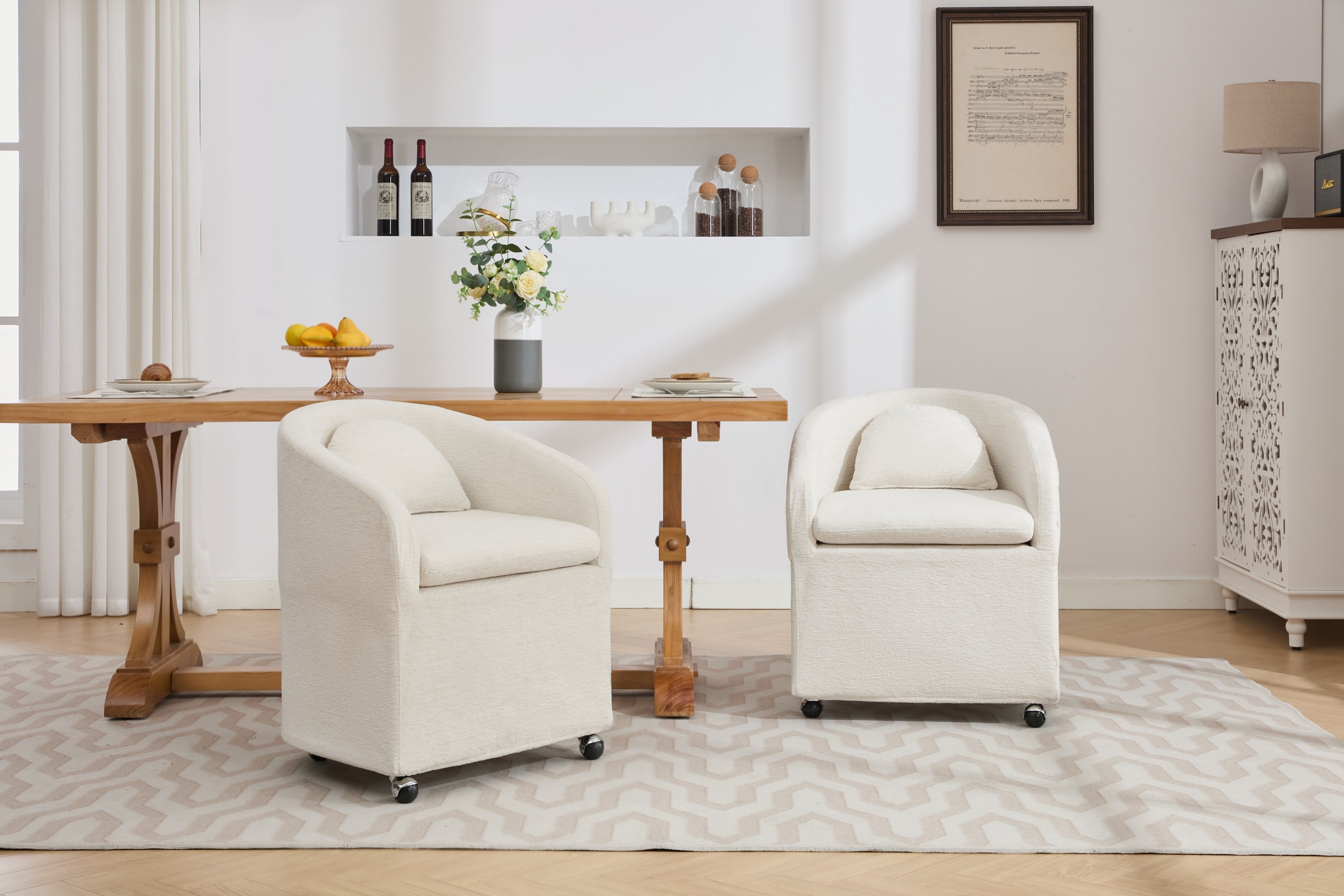 Cheswick Chenille Upholstered Dining Arm Chair With Back Cushion and Wheels