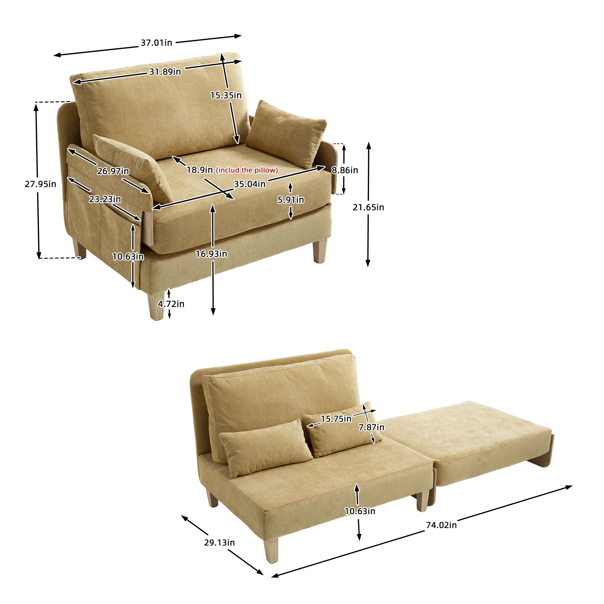 Mid-Century Modern Chenille Foldable Sofa Bed Recliner