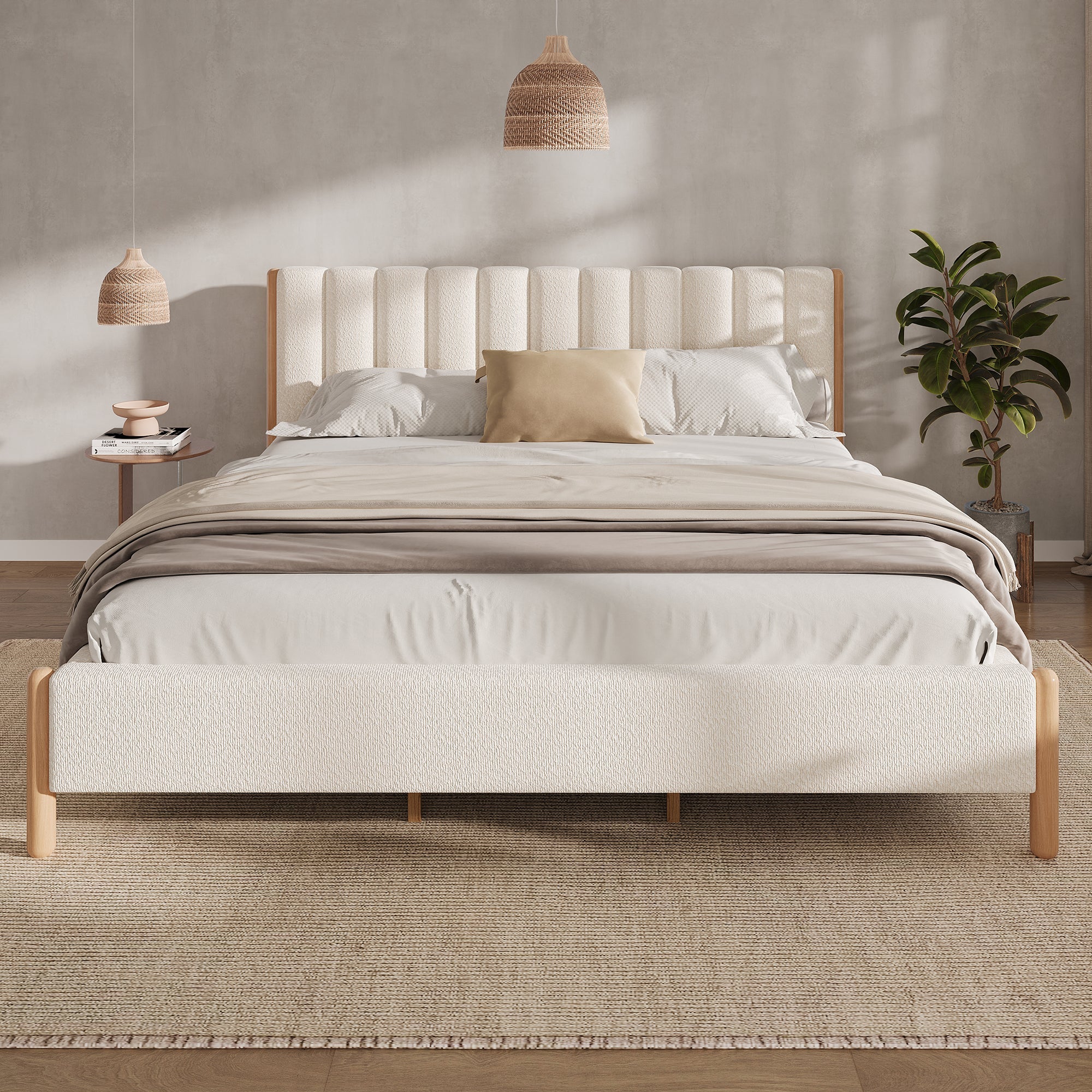 Boucle Upholstered Headboard Bed