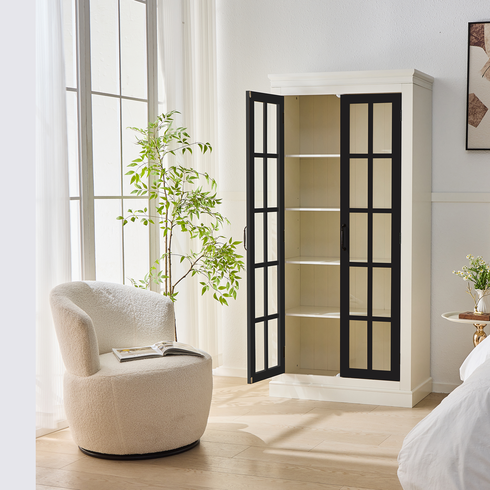 Rustic Style Display Cabinet with Glass Doors