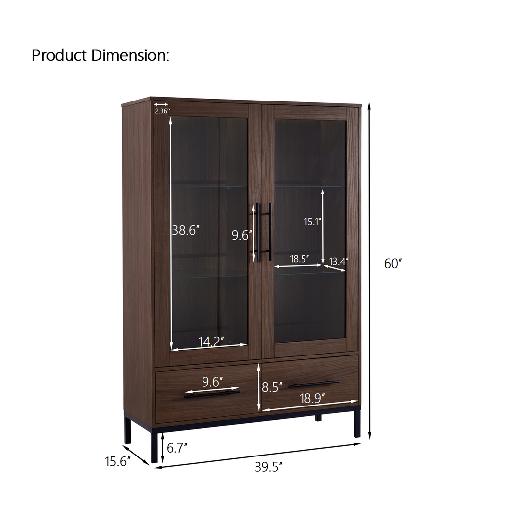 Wide Farmhouse Storage Cabinet with 4-Tier Adjustable Glass Shelves