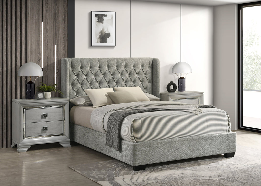 Soft Tweed Fabric Winged Headboard Bed