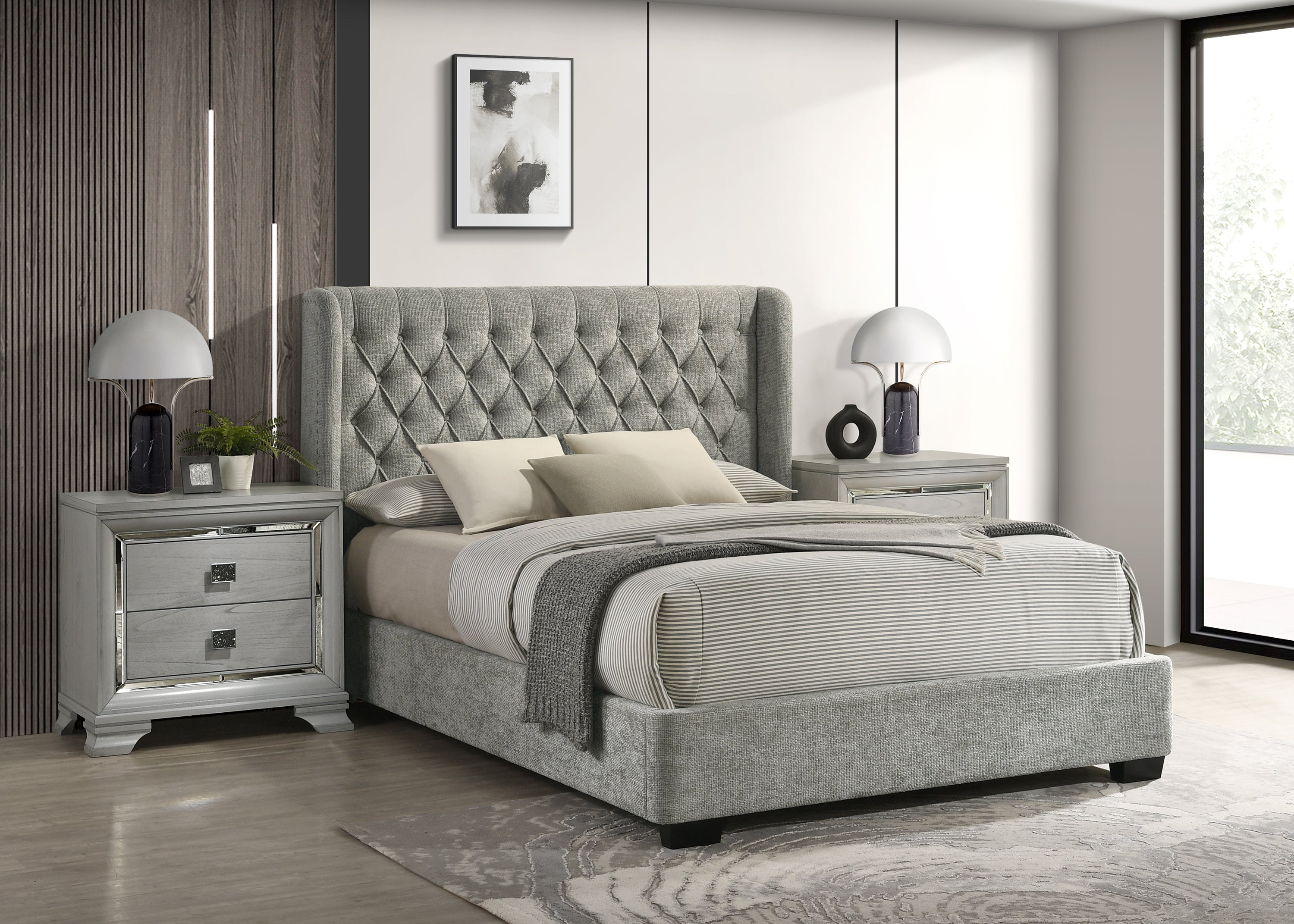 Soft Tweed Fabric Winged Headboard Bed