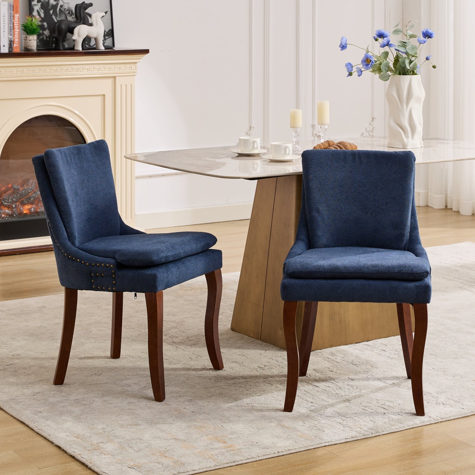 ChenilleUpholstered Dining Chairs with Curved Solid Wood Legs, Set of 2