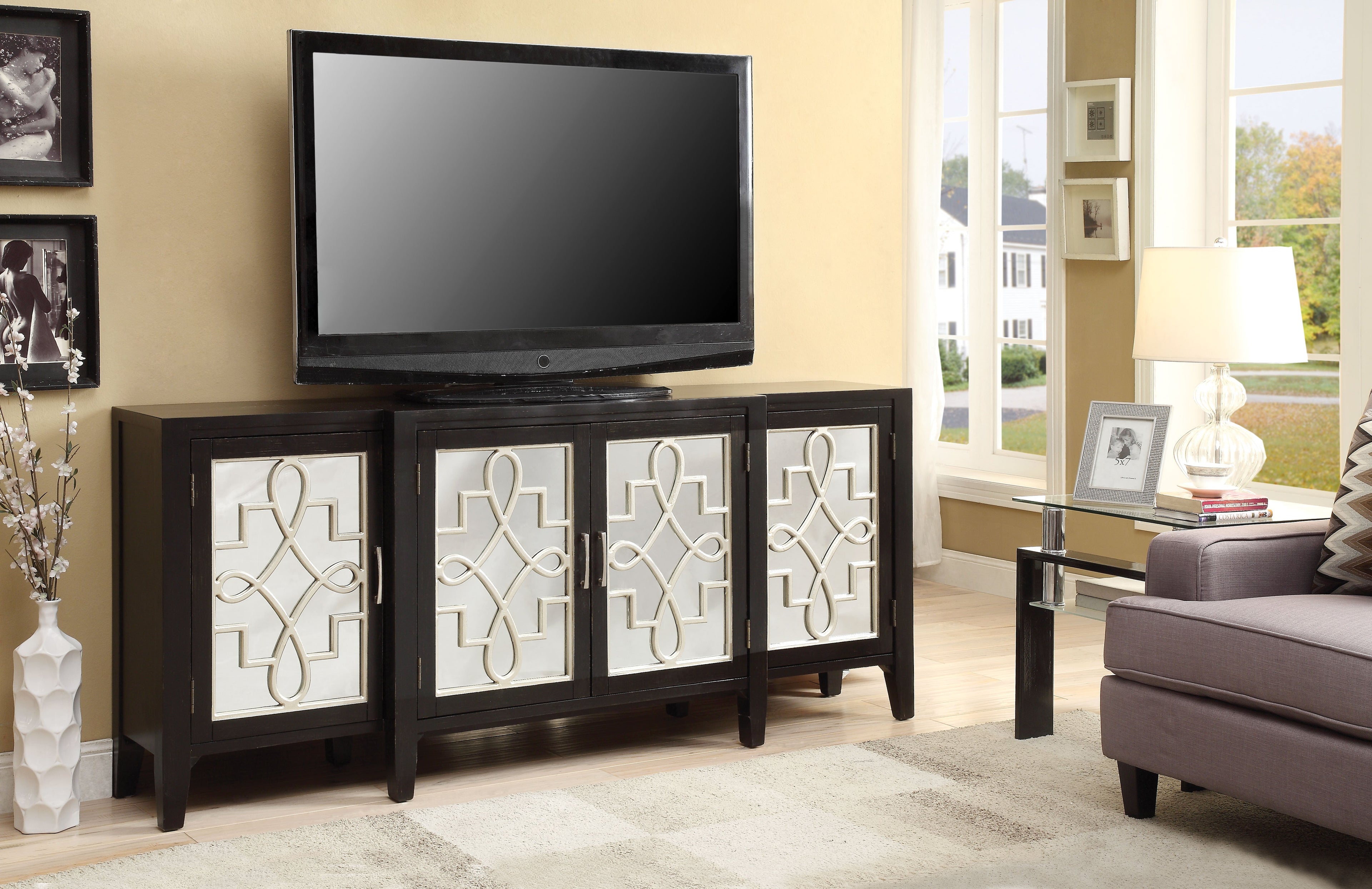 Kacia Mirrored Door Antique Finish Console Cabinet