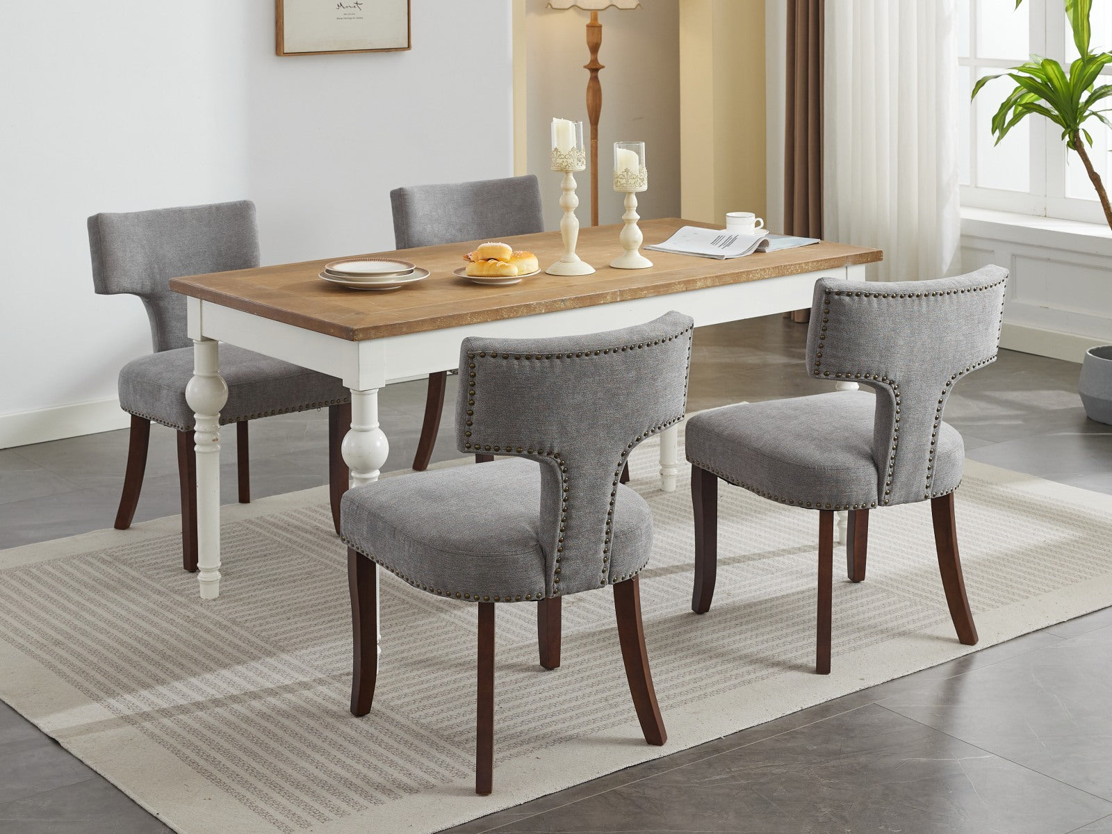 Mid Century Modern T-Back Dining Chairs with Nailhead Trim, Set of 2