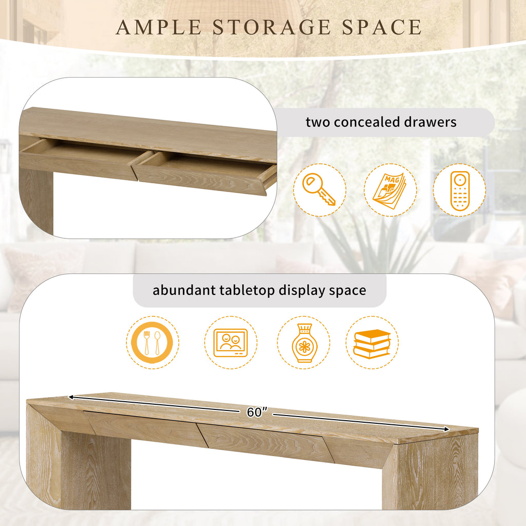 Modern Farmhouse Waterfall Console Table with 2 Concealed Drawers