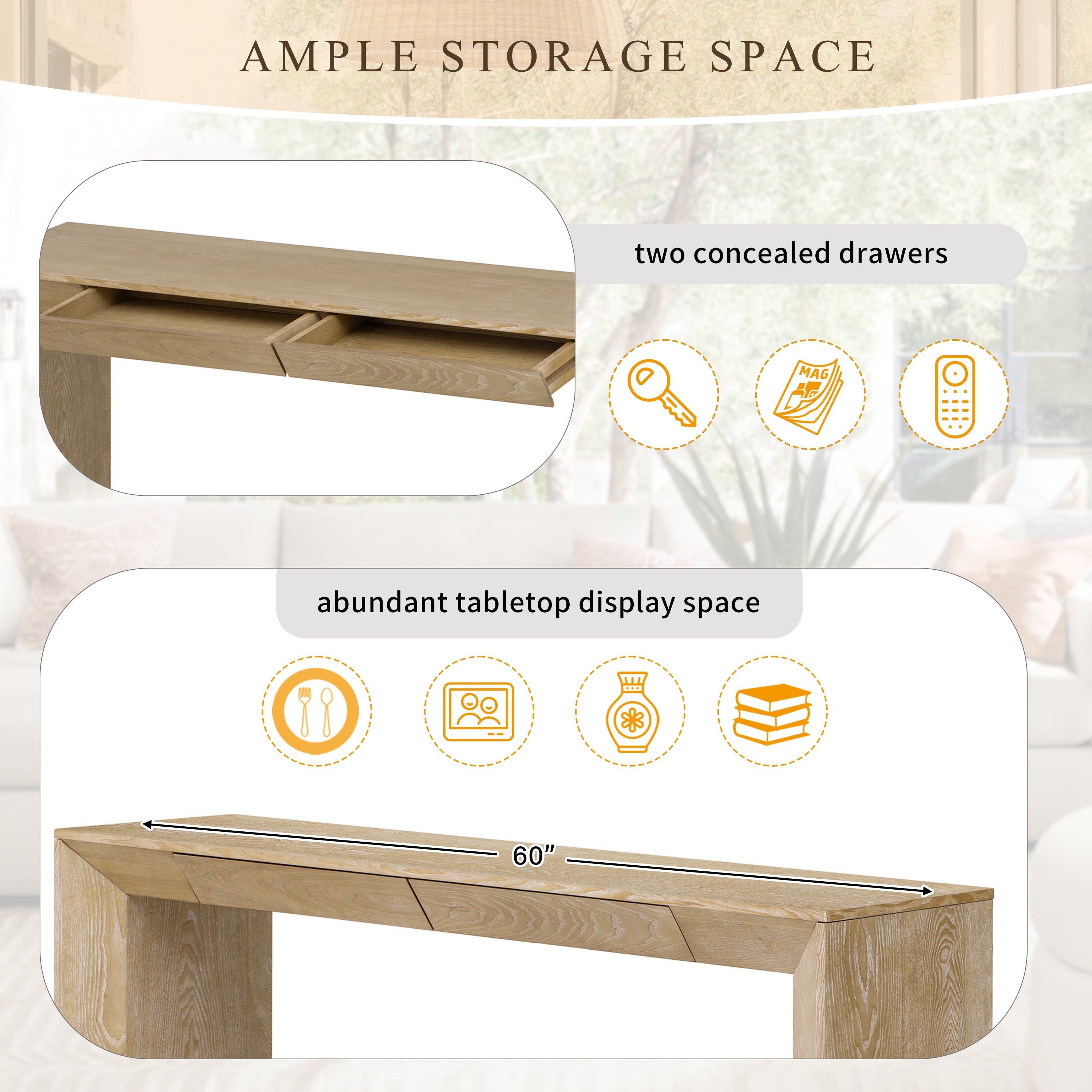 Modern Farmhouse Waterfall Console Table with 2 Concealed Drawers