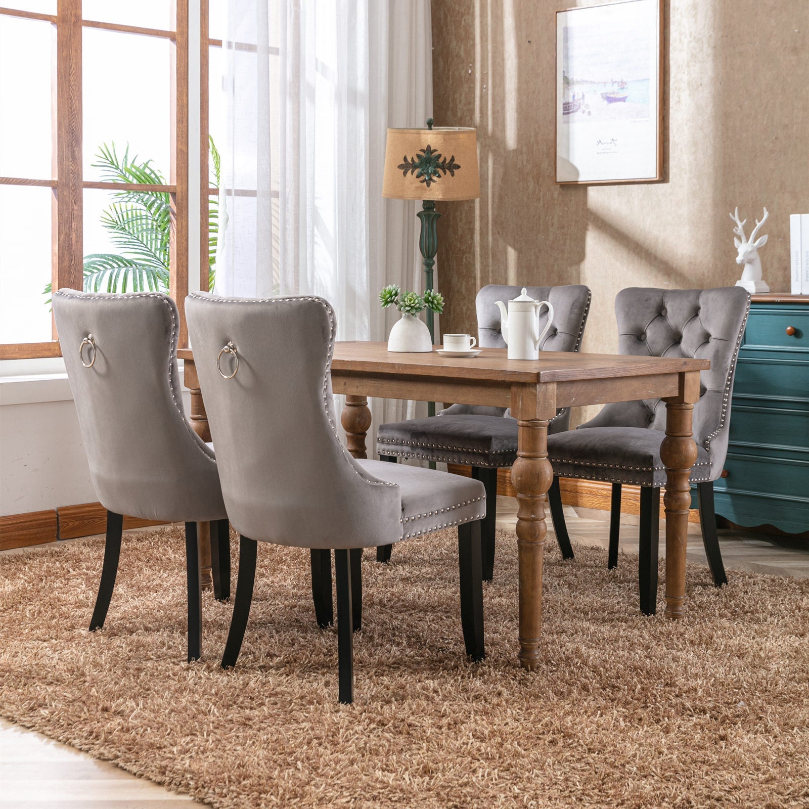 Rosewick Modern Tufted Velvet Nailhead Trim Solid Wood Upholstered Dining Chair with Wood Legs, Set of 2