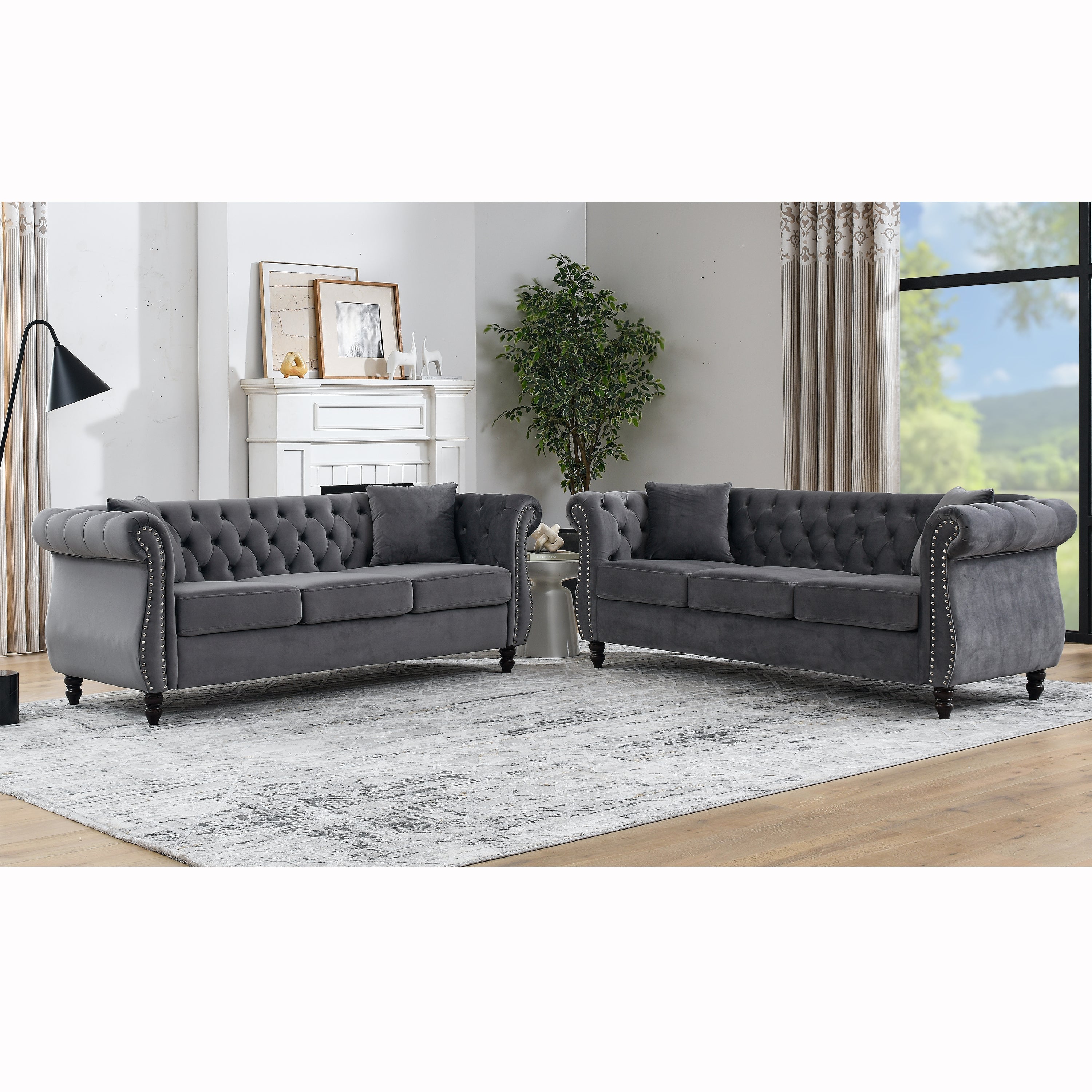 Nailhead Velvet Chesterfield 3-Seater Sofa