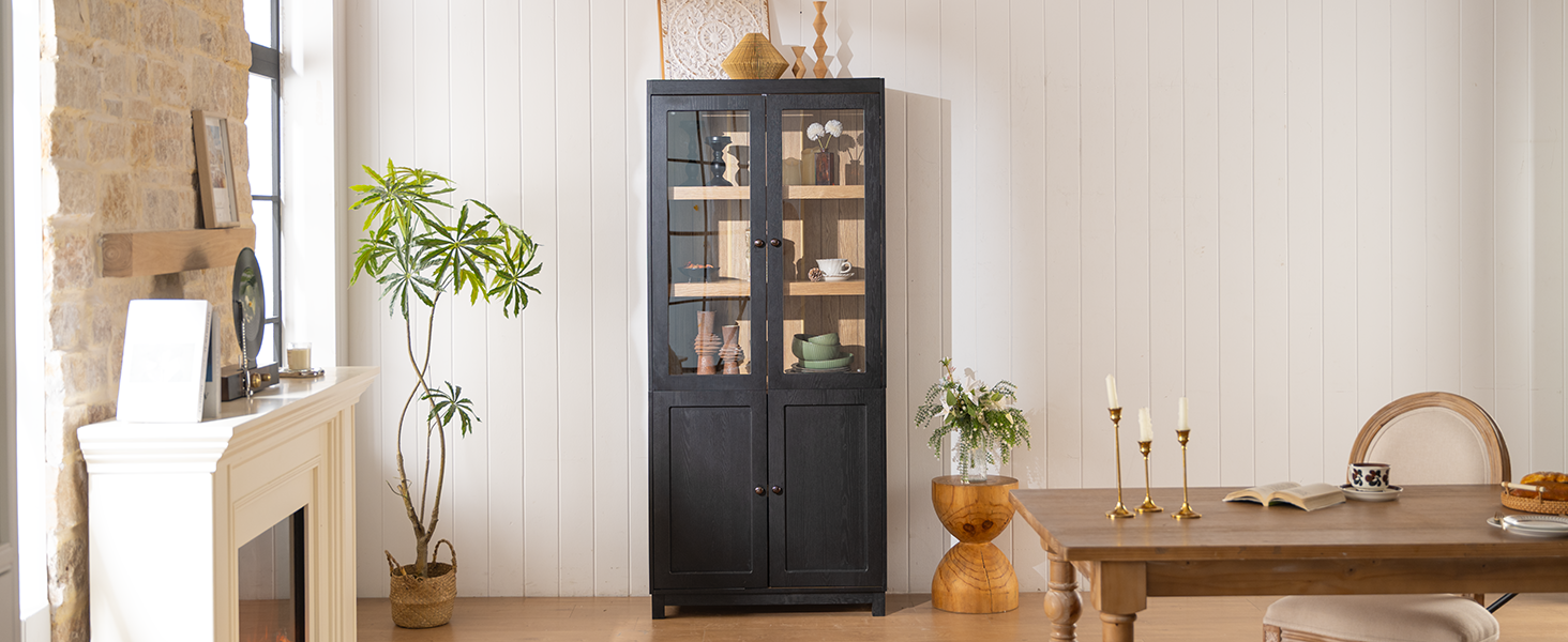 Mid-Century Modern Style Tall Display Cabinet with Glass Doors