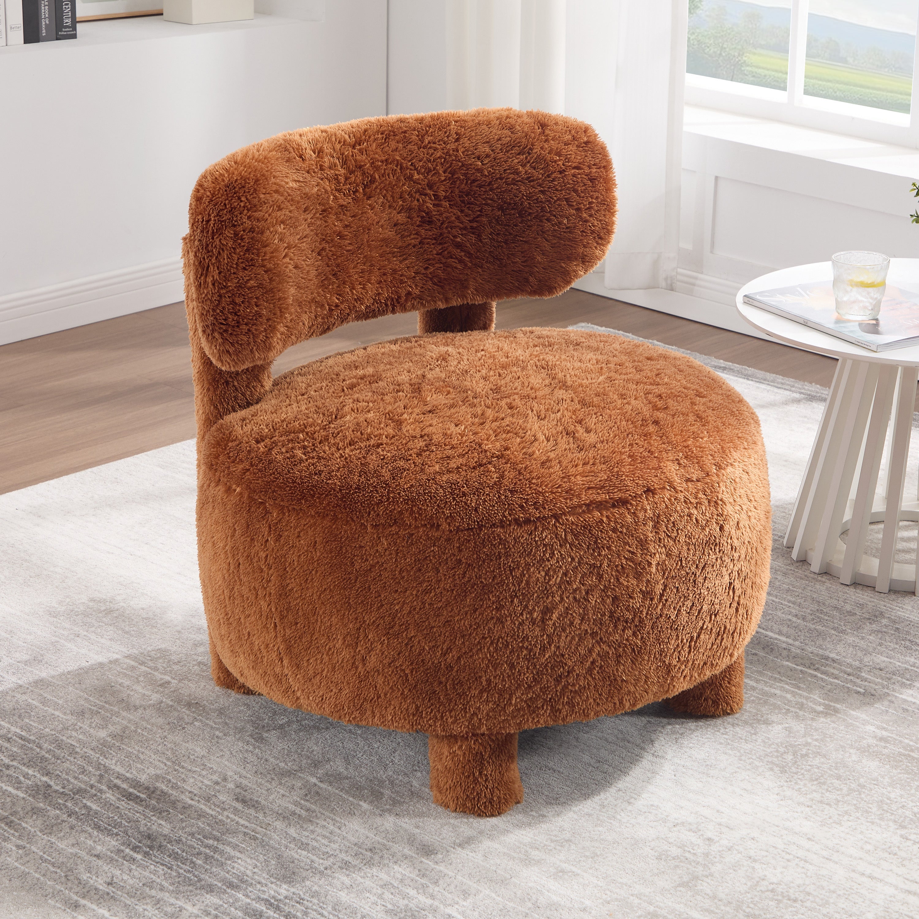Fuzzy Armless Accent Chair with Curved Backrest and Solid Wooden Legs