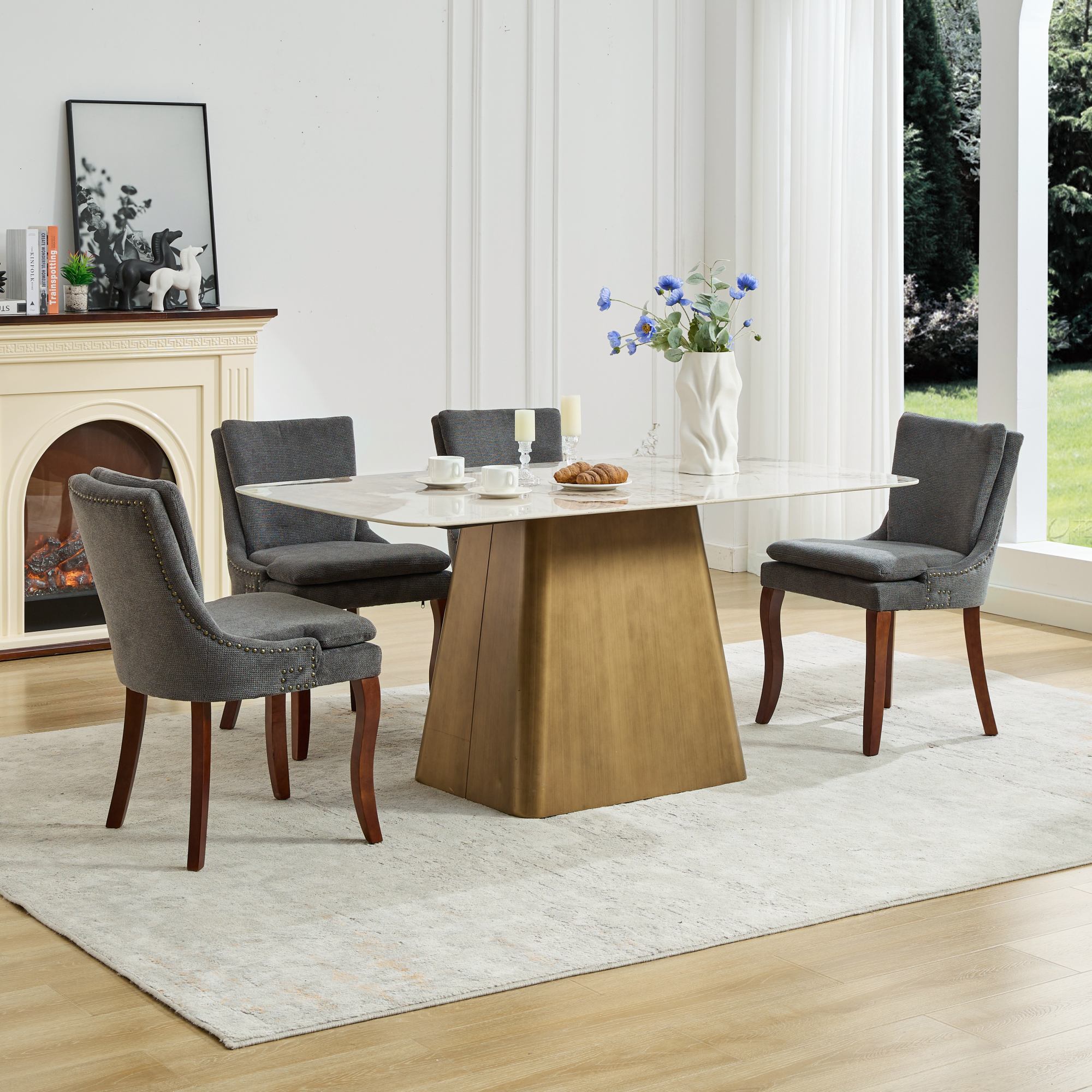 ChenilleUpholstered Dining Chairs with Curved Solid Wood Legs, Set of 2
