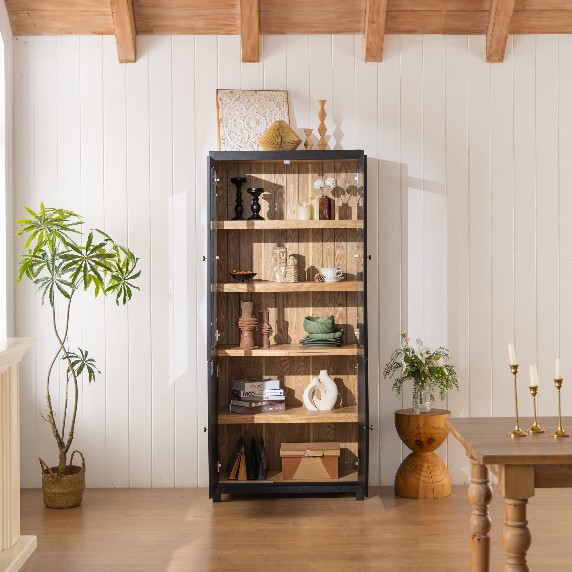 Mid-Century Modern Style Tall Display Cabinet with Glass Doors