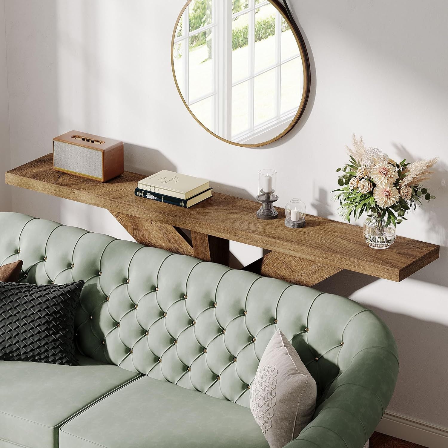 Bridgemont Farmhouse Console Table with Geometric Wooden Base