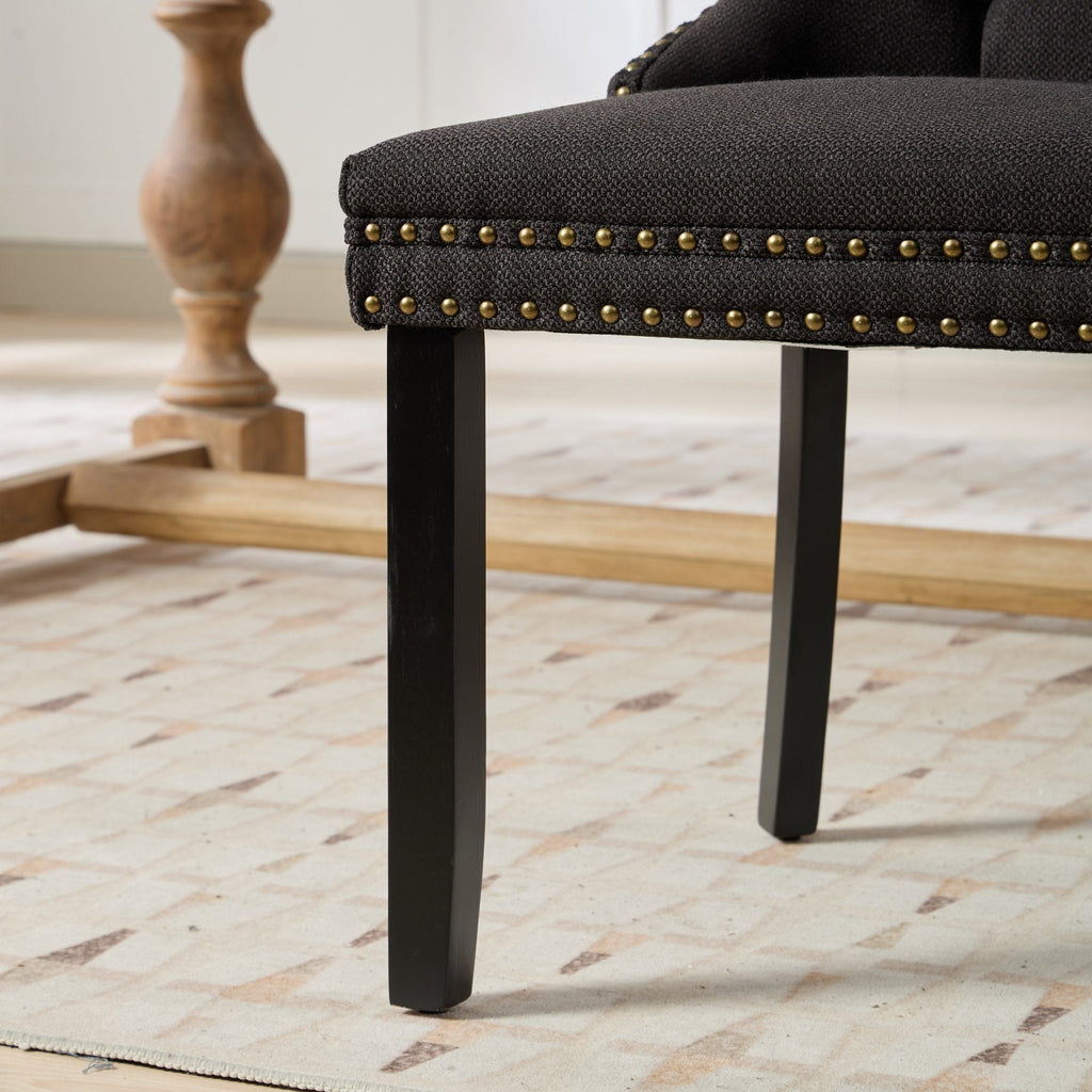 Rosewick Modern Tufted Linen Nailhead Trim Solid Wood Upholstered Dining Chair with Black Legs, Set of 2