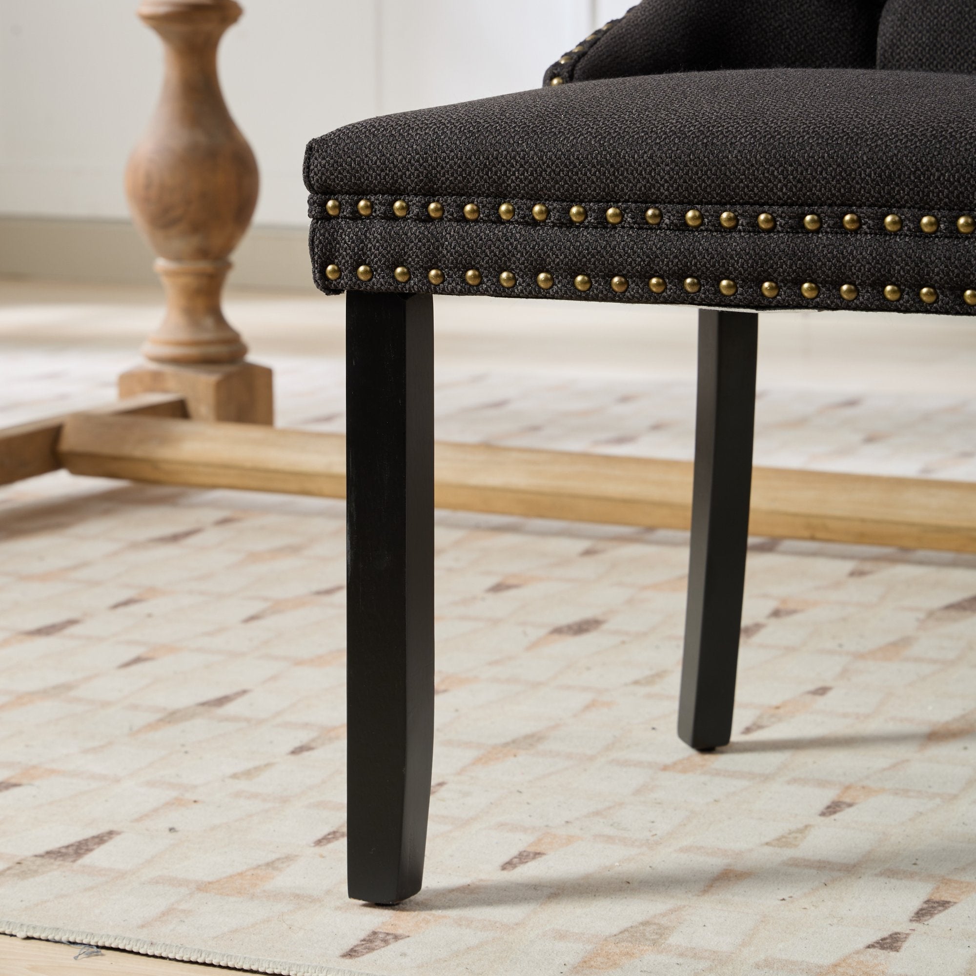 Rosewick Modern Tufted Linen Nailhead Trim Solid Wood Upholstered Dining Chair with Black Legs, Set of 2