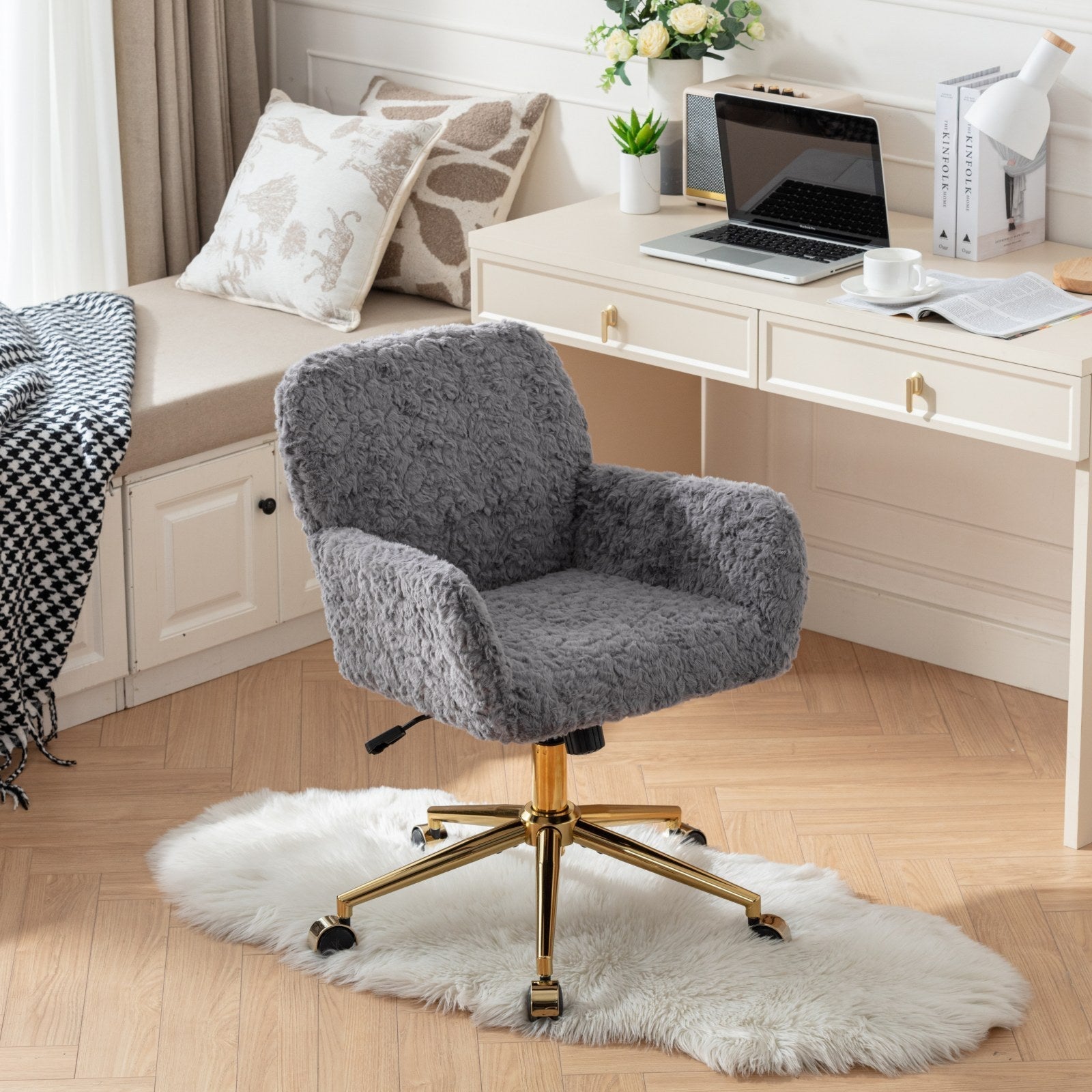 Faux Rabbit Hair Office Chair with Golden Metal Base, Adjustable Swivel