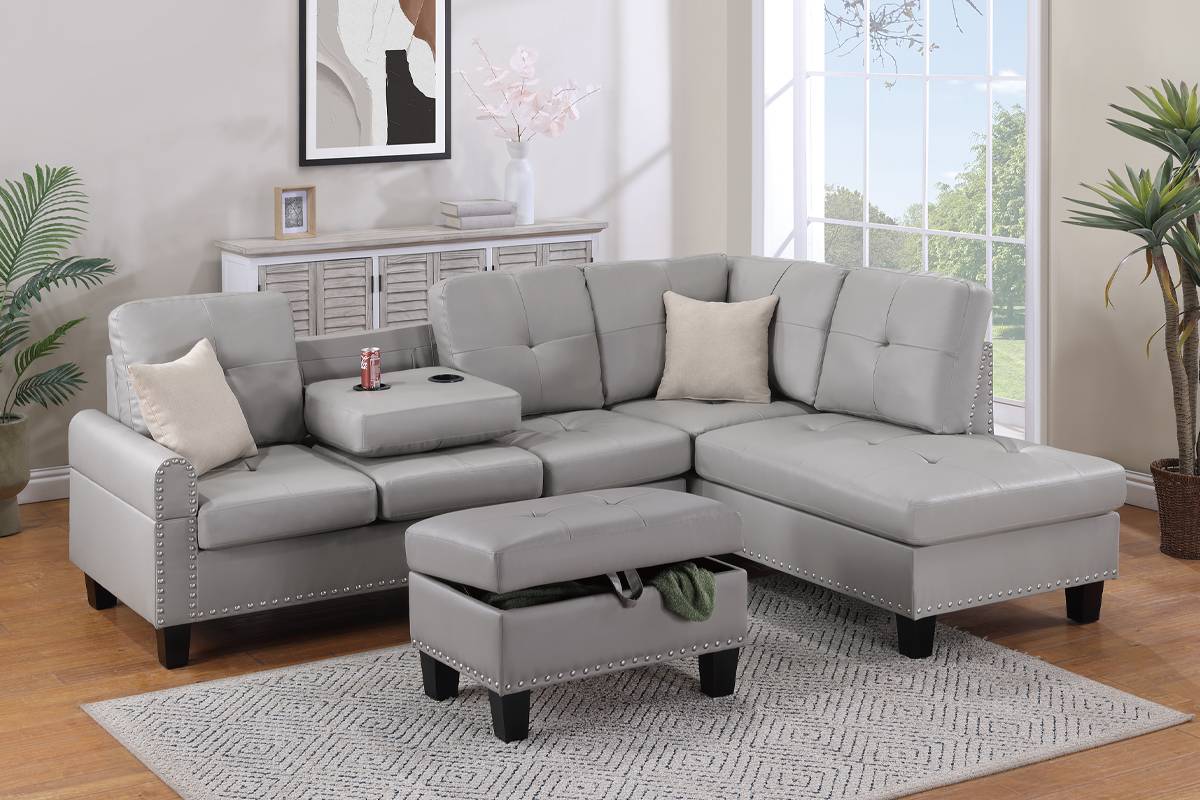 Canapé sectionnel Nassau 3 pièces avec pouf de rangement - Gris clair